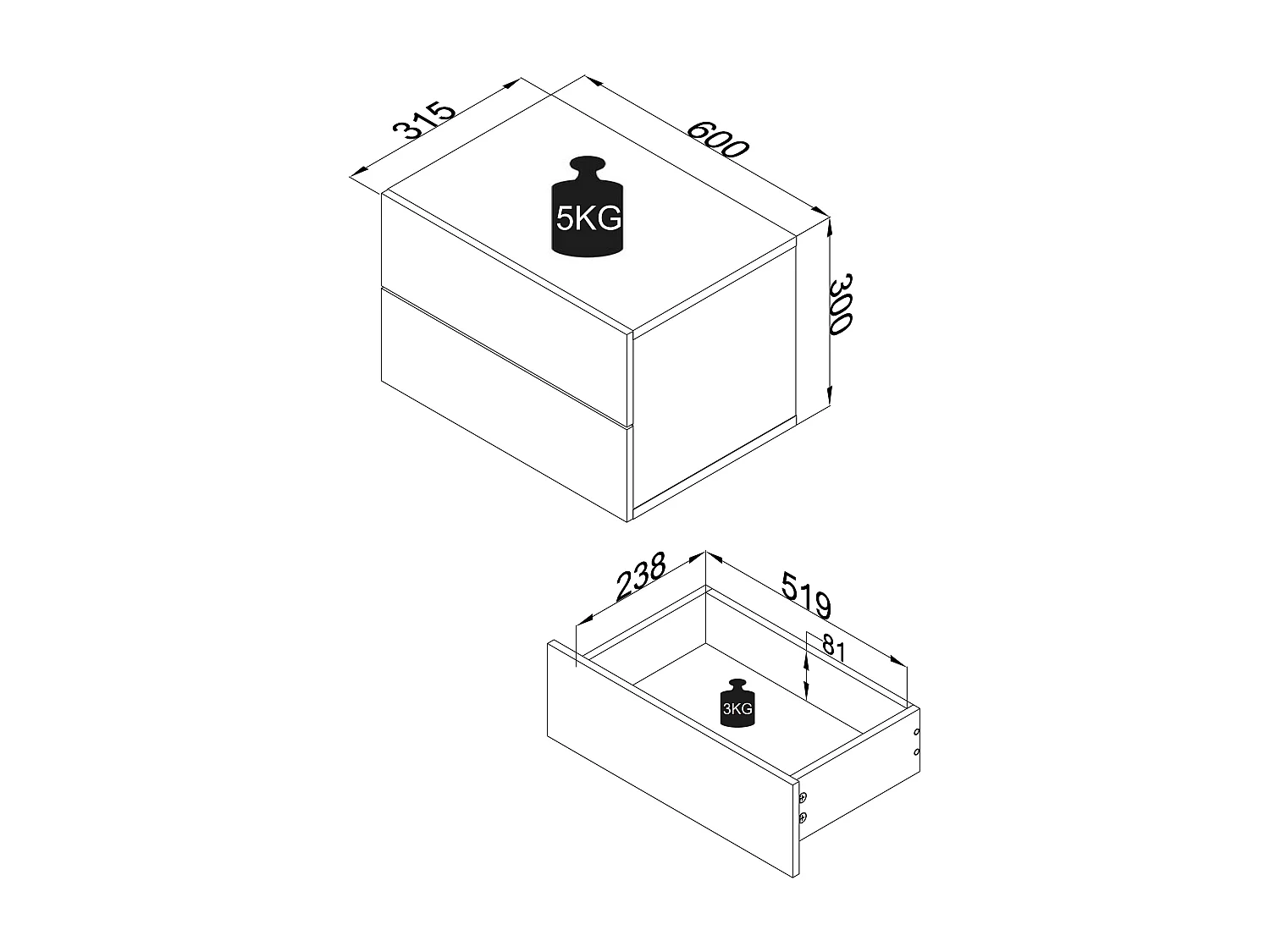 Houten muur hangende nachtkastje Usal L 60 cm