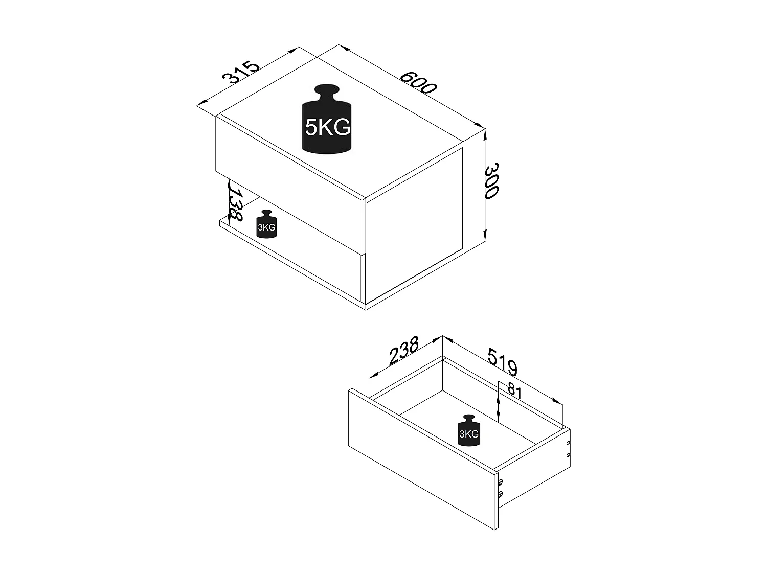bedside table Usal Concrete Gray H. 30 x W. 60 x D. 32 cm