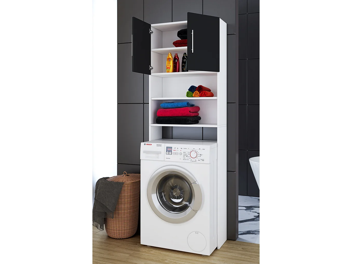 Bathroom furniture washing machine cabinet Jutas White / Black W. 64 x H. 190 x D. 25 cm
