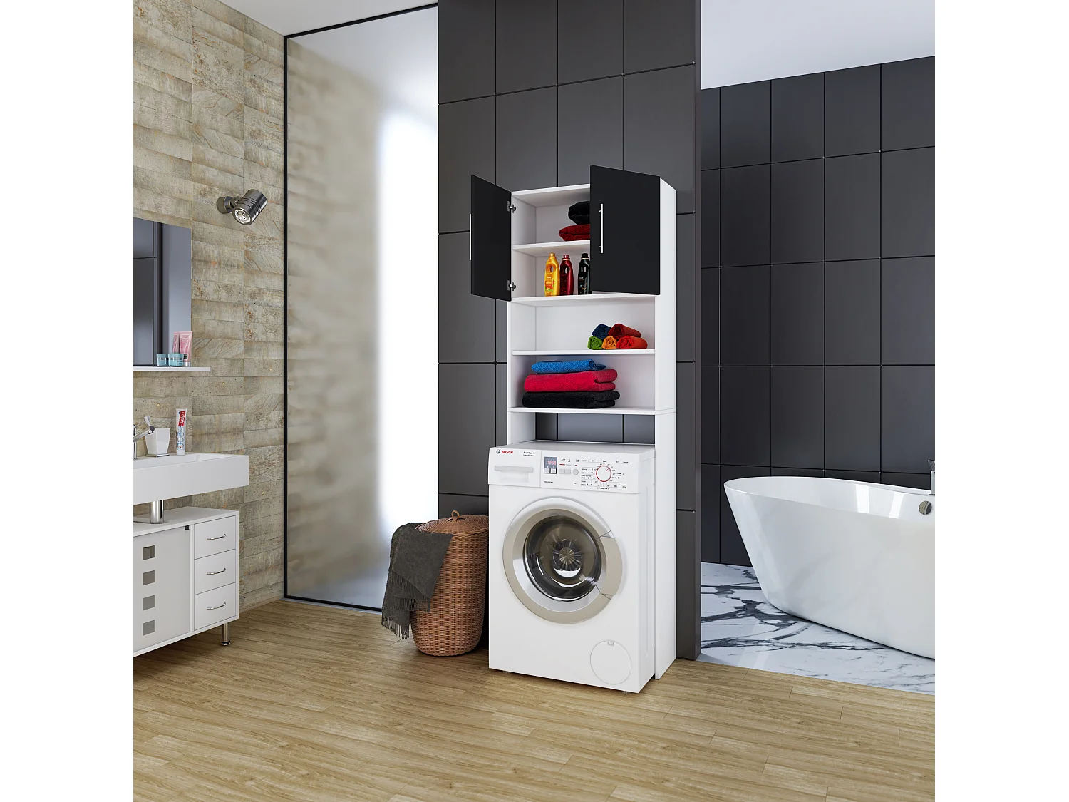 Bathroom furniture washing machine cabinet Jutas White / Black W. 64 x H. 190 x D. 25 cm