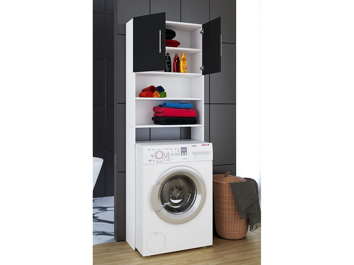 Bathroom furniture washing machine cabinet Jutas White / Black W. 64 x H. 190 x D. 25 cm