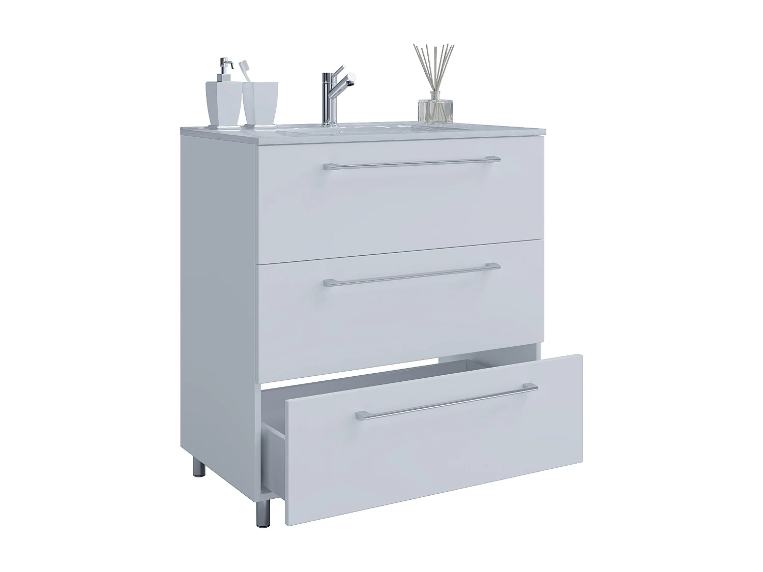 VCM 2 pcs Lavatório | lavatório largura inferior do armário 60 cm | mobiliário de casa de banho em pé | 3 gavetas | Badinos (Branco)