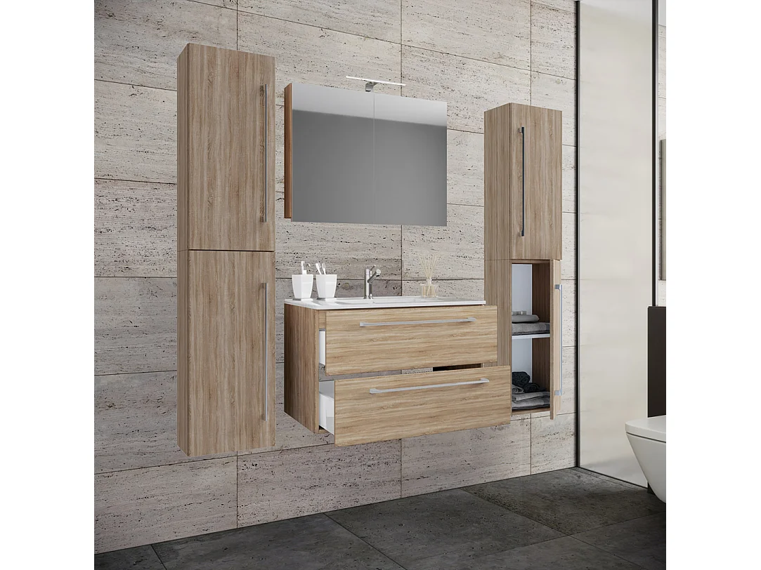 VCM 5pcs Lavatório | lavatório menor largura do armário 60 cm | Móveis de casa de banho com gavetas Portas rotativas Gabinete de espelho | Badinos (Sonoma oak)