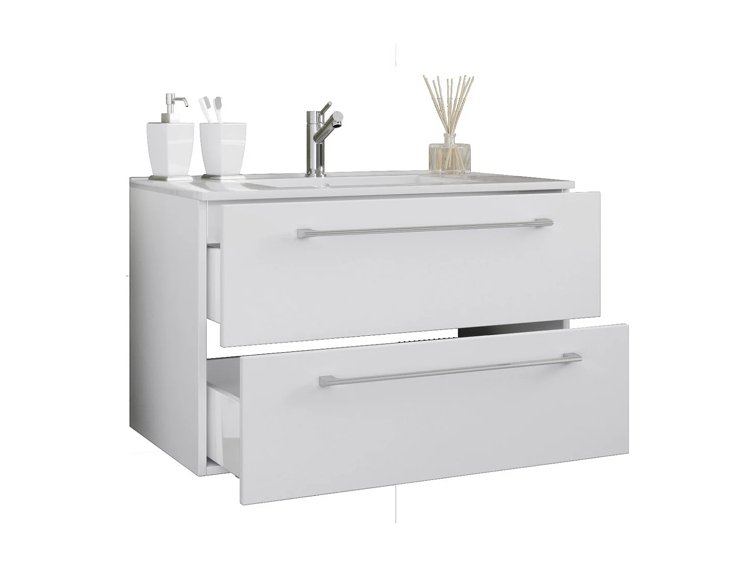 Badinos Armoire basse avec lavabo, 80 cm, 2 tiroirs, blanc.