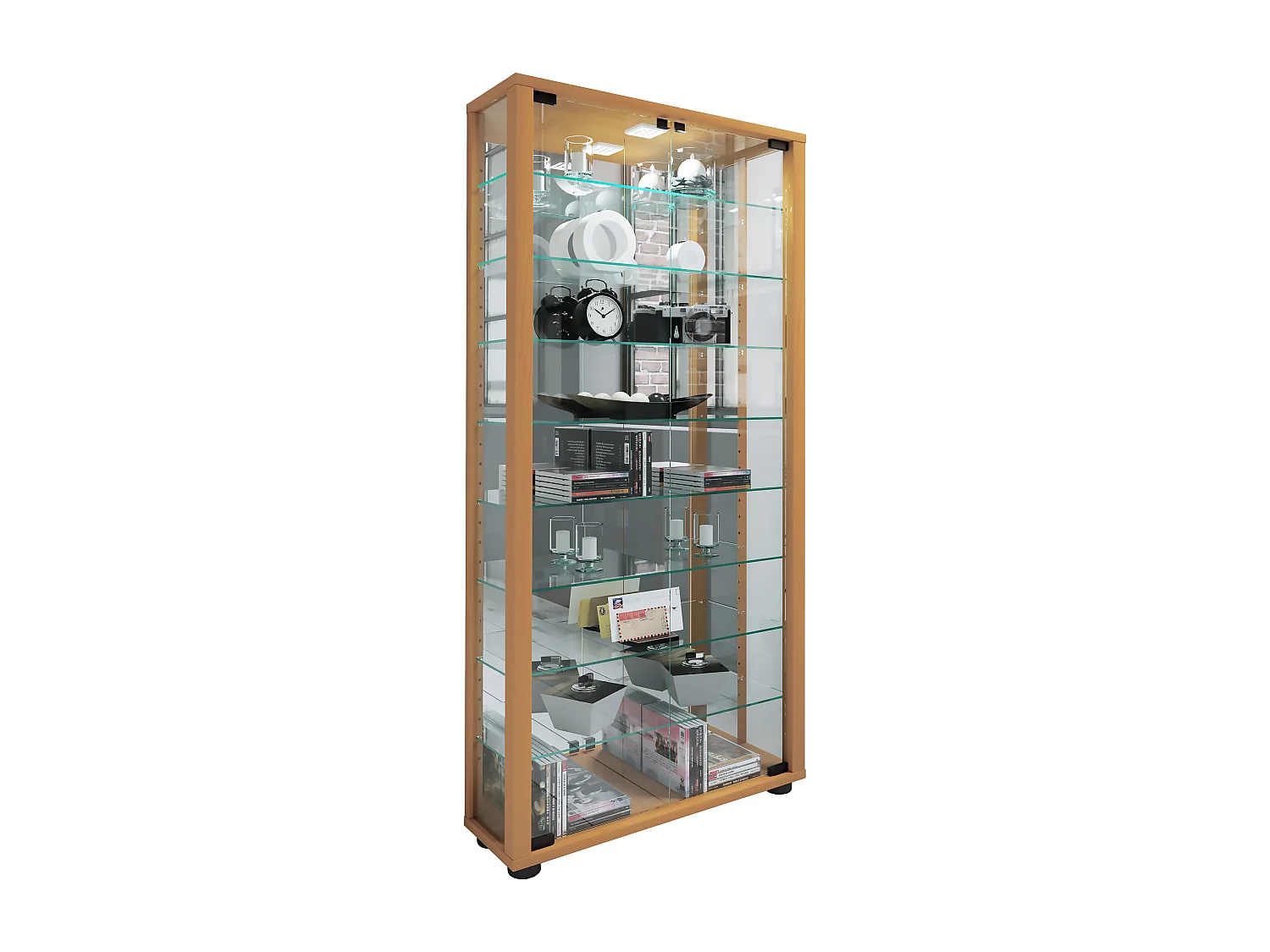 LumoMaxi vitrine avec miroir 2 portes en verre hêtre décor.