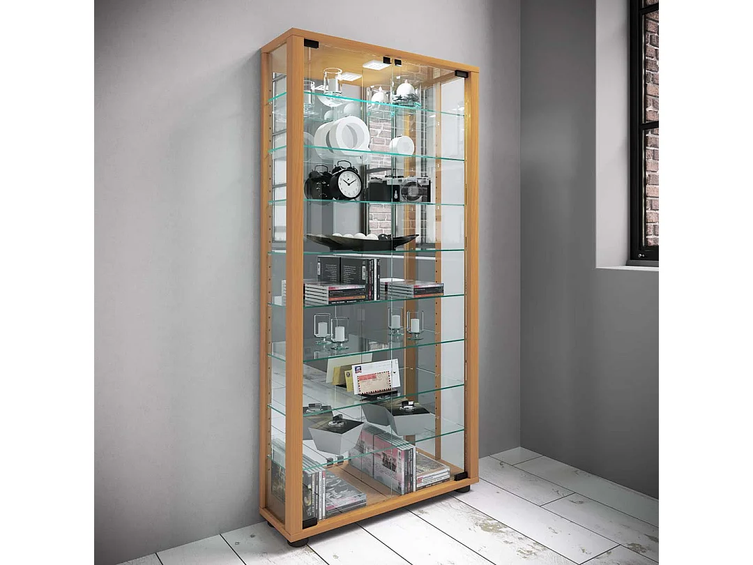 LumoMaxi vitrine avec miroir 2 portes en verre hêtre décor.