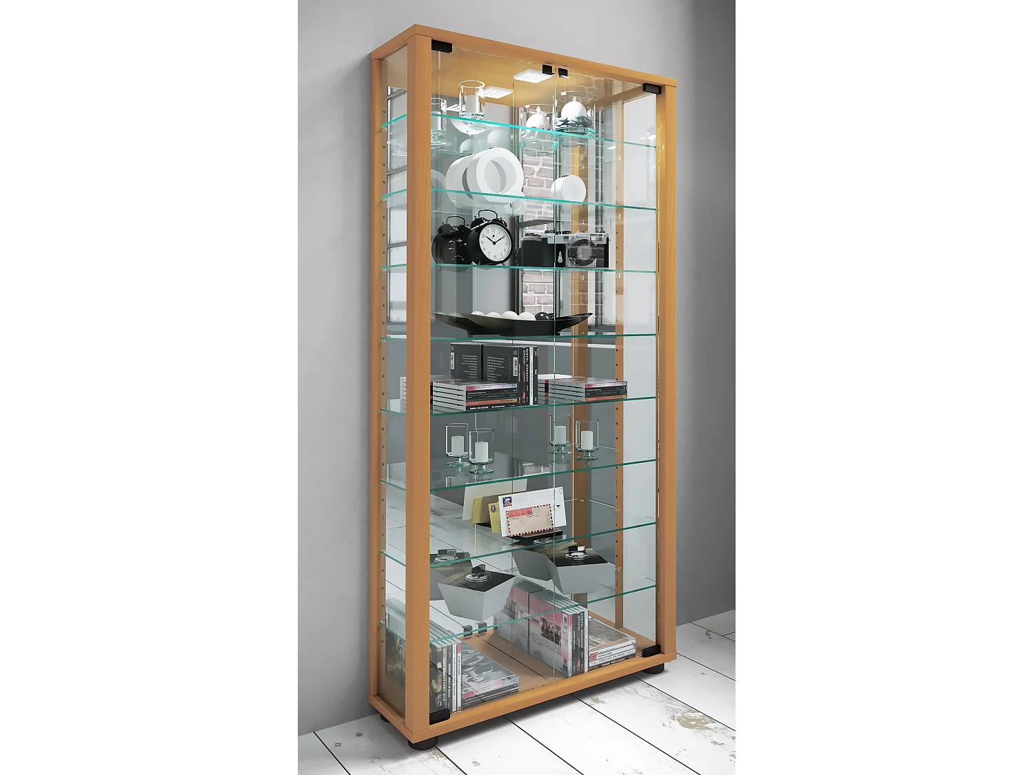 LumoMaxi vitrine avec miroir 2 portes en verre hêtre décor.