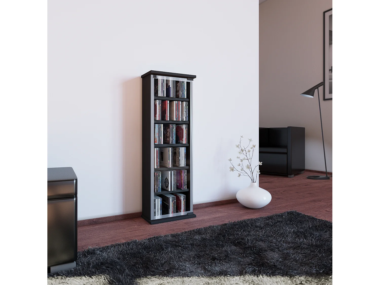 CD / DVD Media Shelf Classic Black H. 92 x W. 31 x D. 18 cm