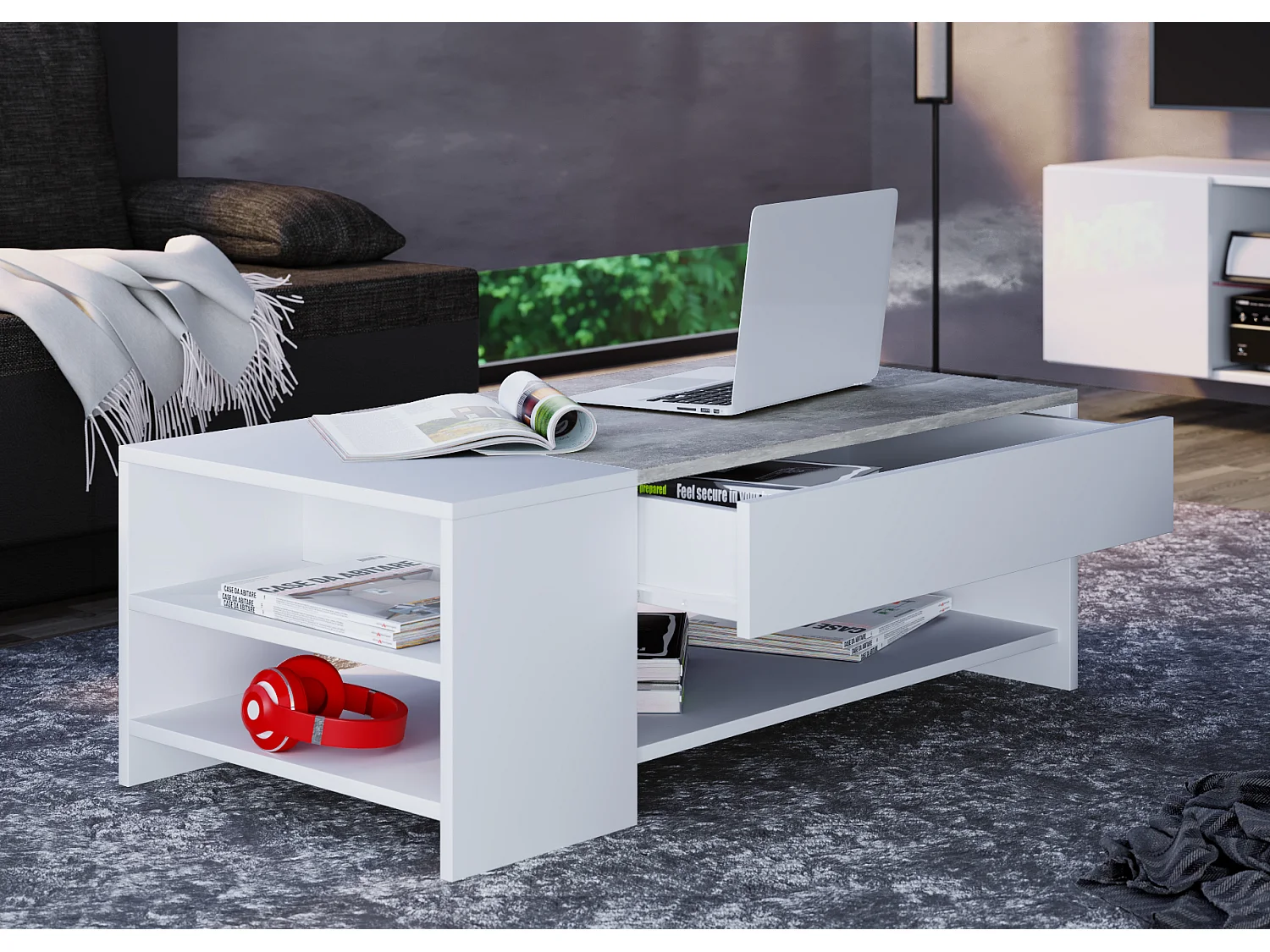 Side table & coffee table Tindus White / concrete optics H. 35 x W. 100 x D. 50 cm