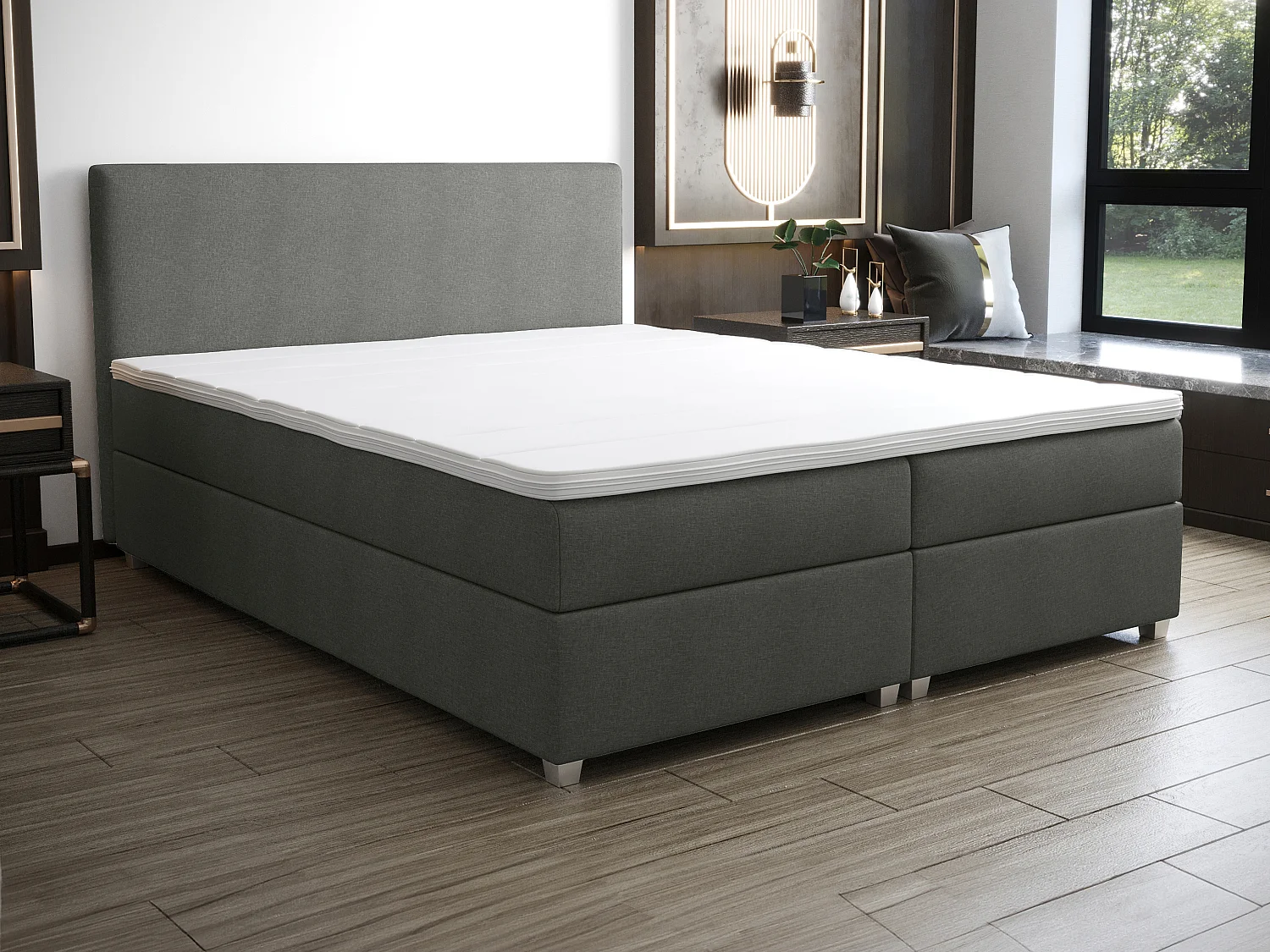 Ensemble complet boxspring tête de lit + sommier + matelas + surmatelas - 160 x 200 cm - Tissu - Anthracite - ONAN de YSMÉE
