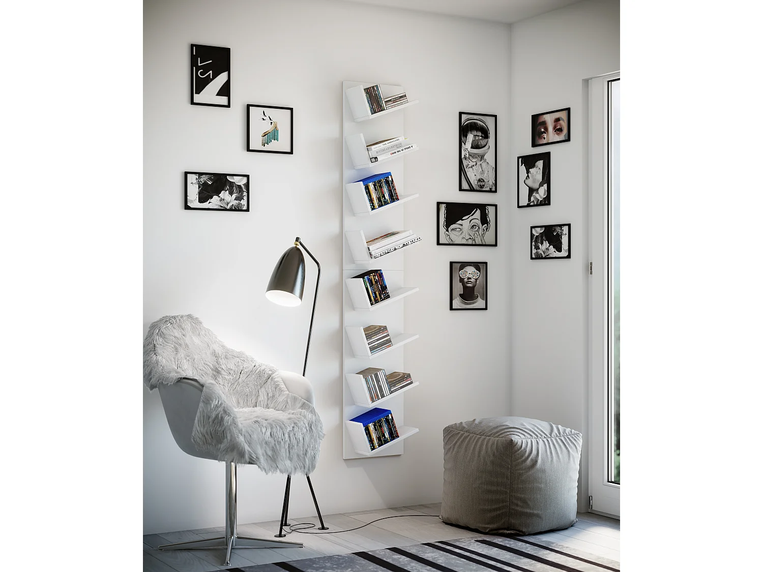 Lansi Maxi Étagère murale avec 8 tablettes inclinées, blanc.