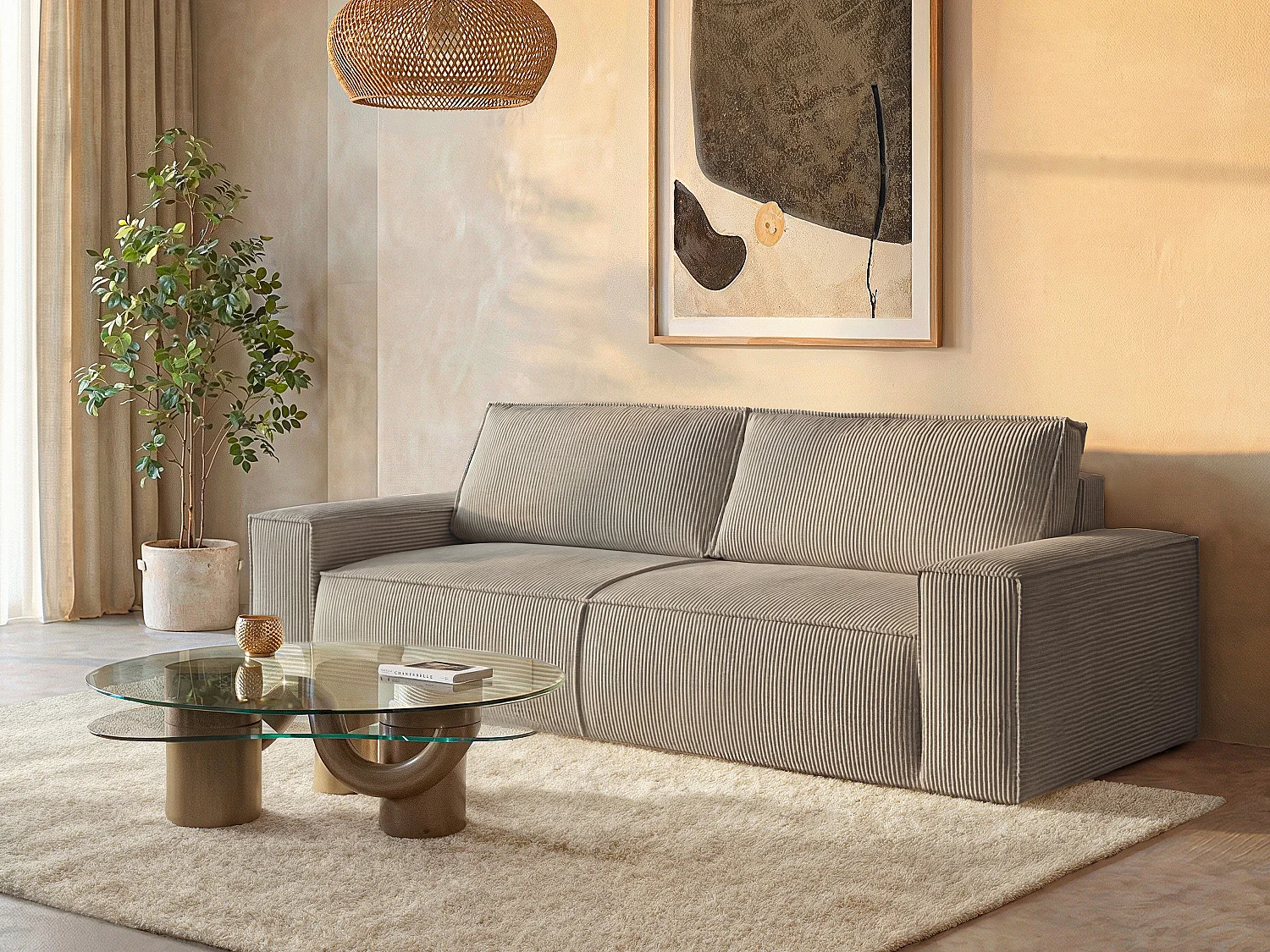 Kanapa 4-osobowa rozkładana ze sztruksu taupe - AMELIA