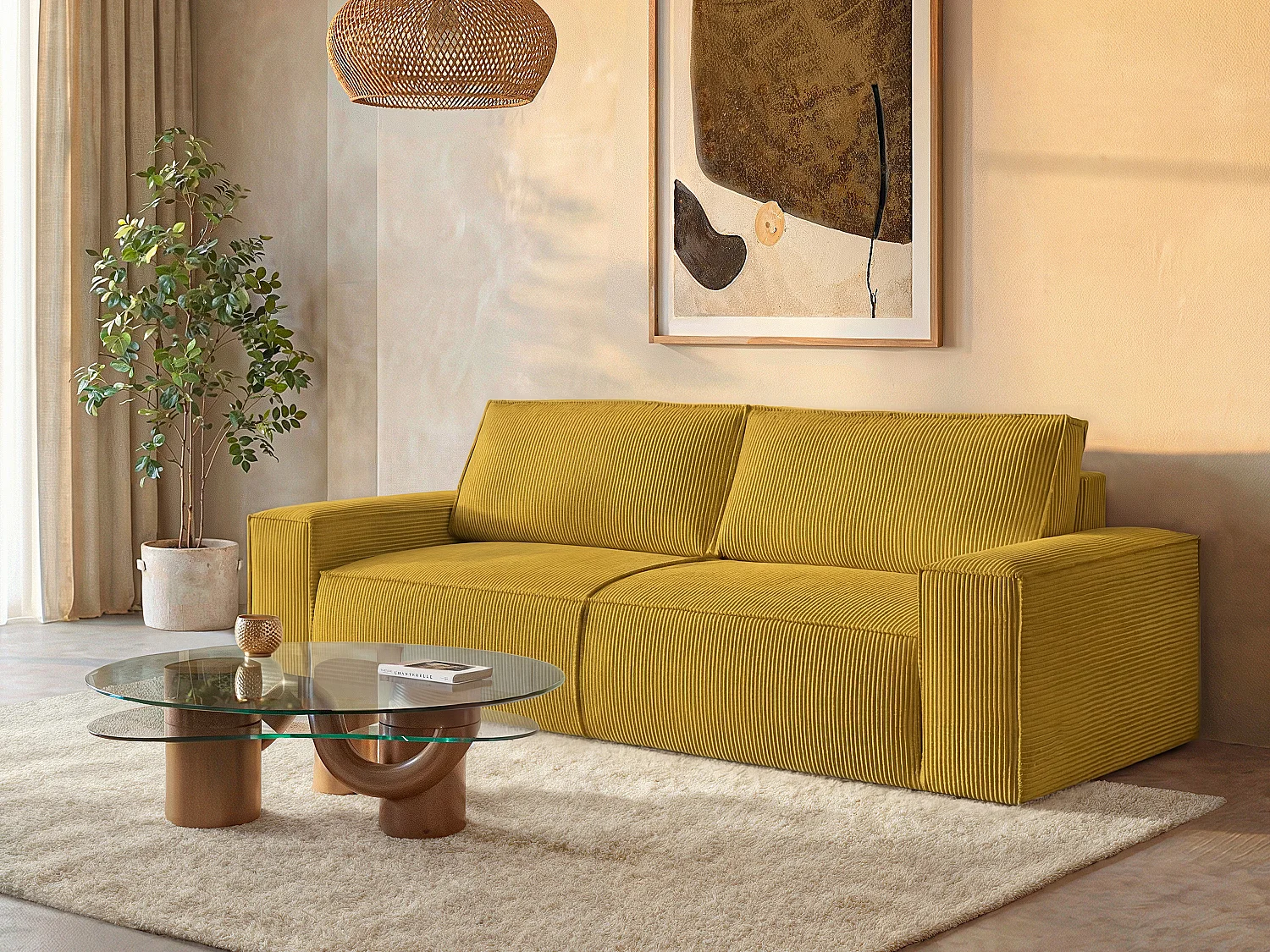 Sofá de 4 lugares convertível em veludo canelado amarelo - AMELIA