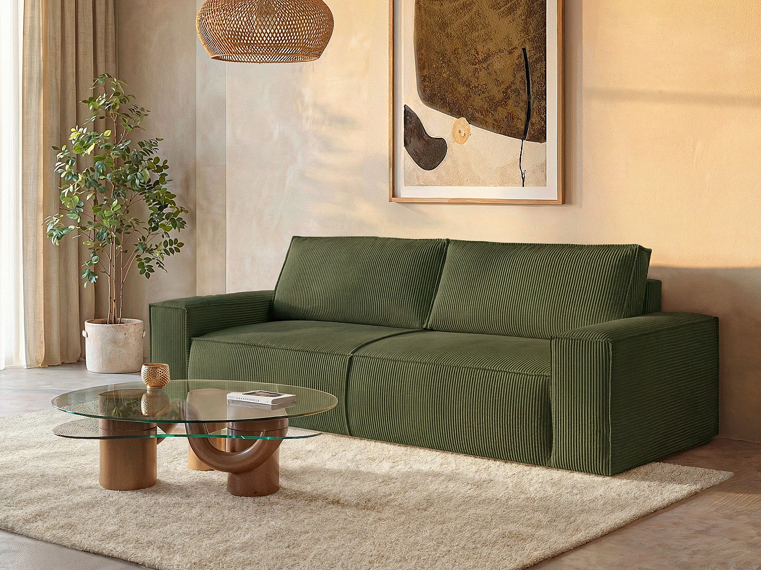 Canapé 4 places convertible en velours côtelé kaki AMELIA