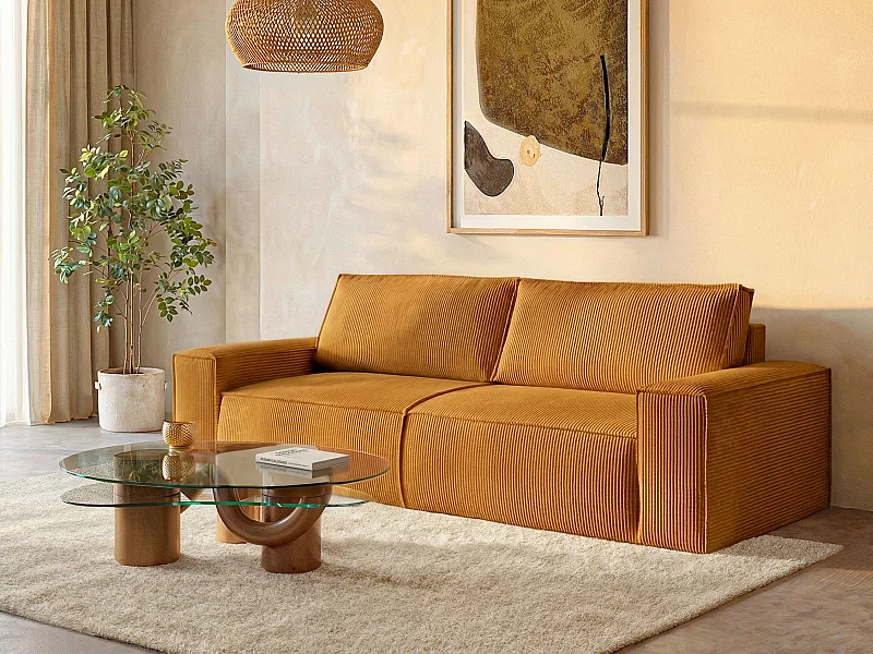 Divano letto 4 posti in Velluto a coste Arancione chiaro - AMELIA