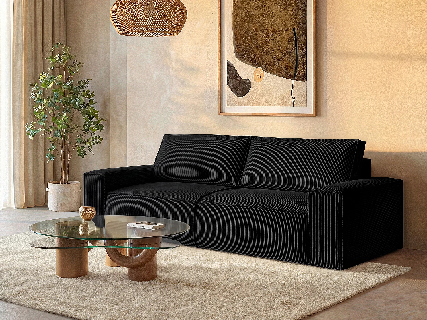 4-personers sofaseng i sort fløjlssofa AMELIA