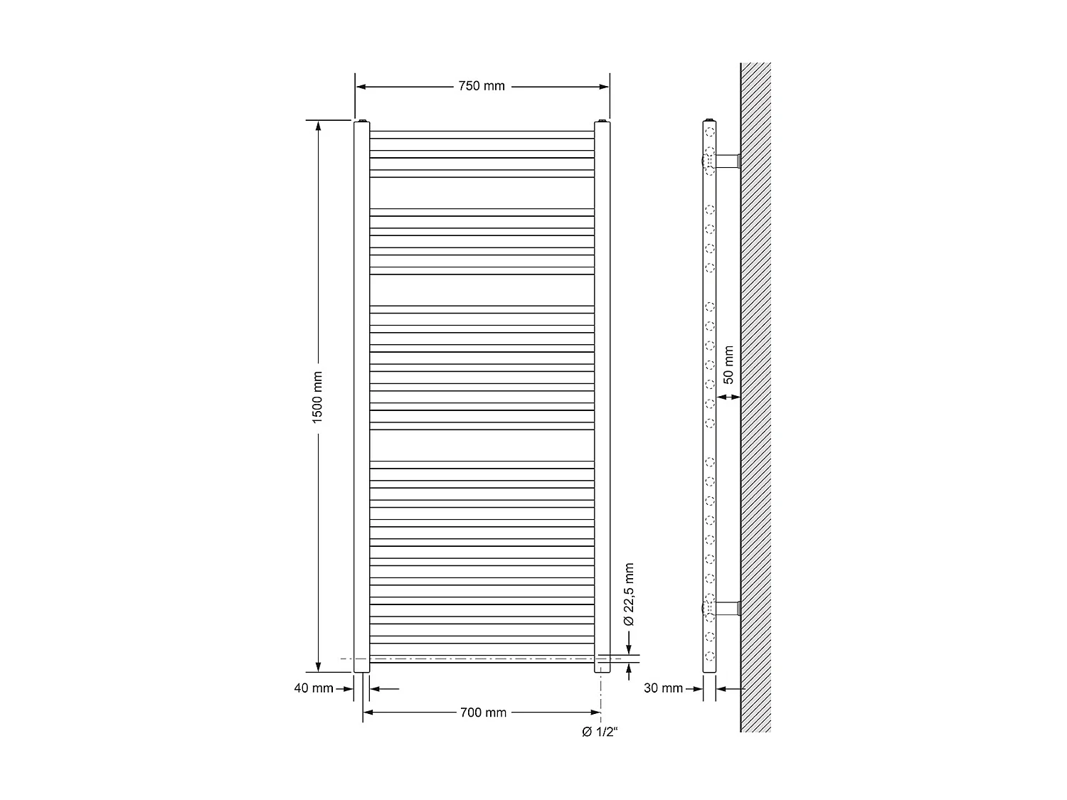 Radiador de baño Sahara toallero conexión lateral blanco 750x1500 mm