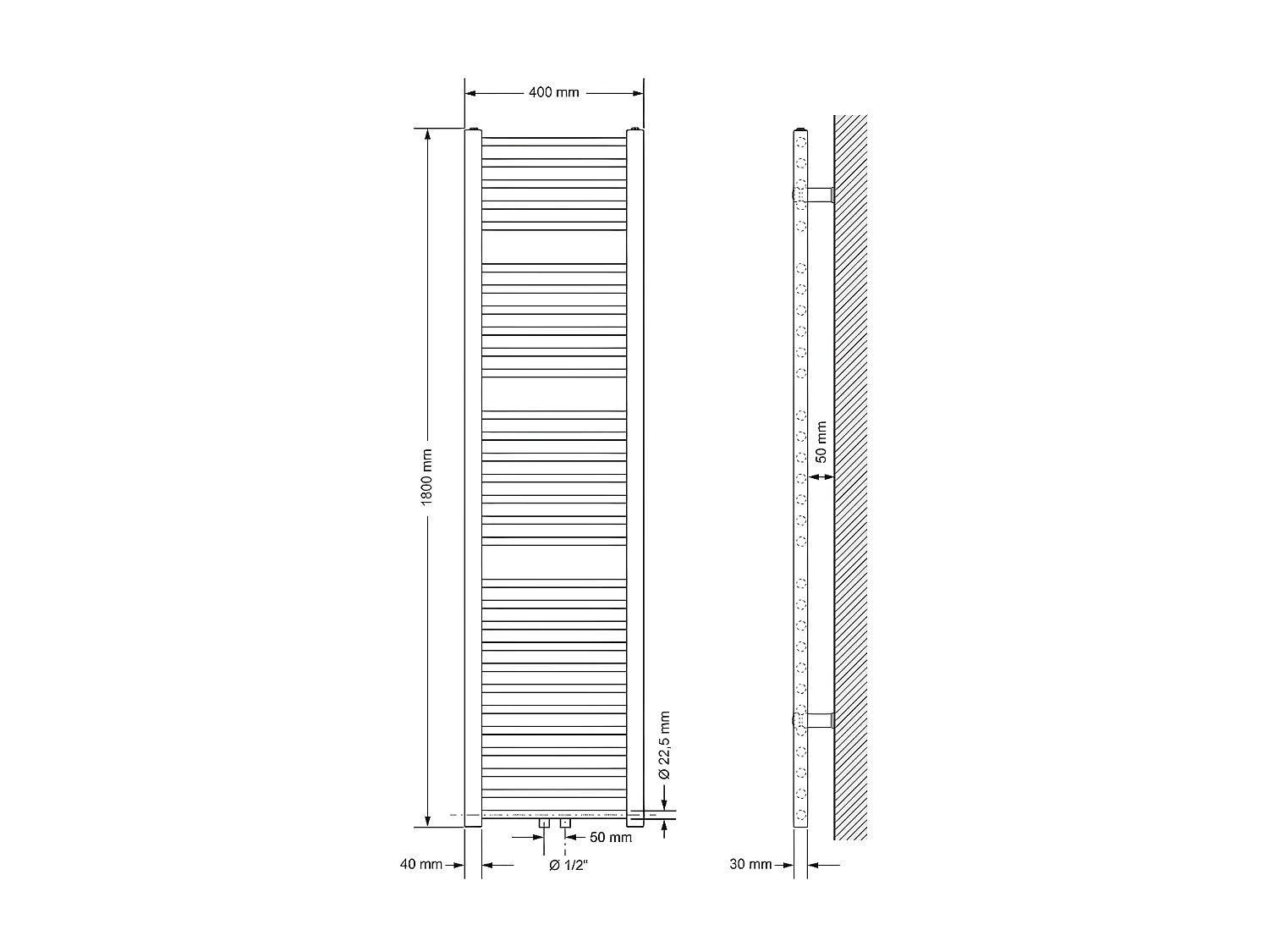 Radiateur sèche-serviette salle de bain droite blanc connexion central 40x180 cm