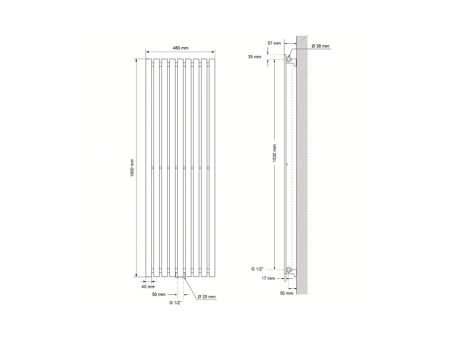 Radiador toallero de panel para baño 1600x480mm antracita recto conexión central