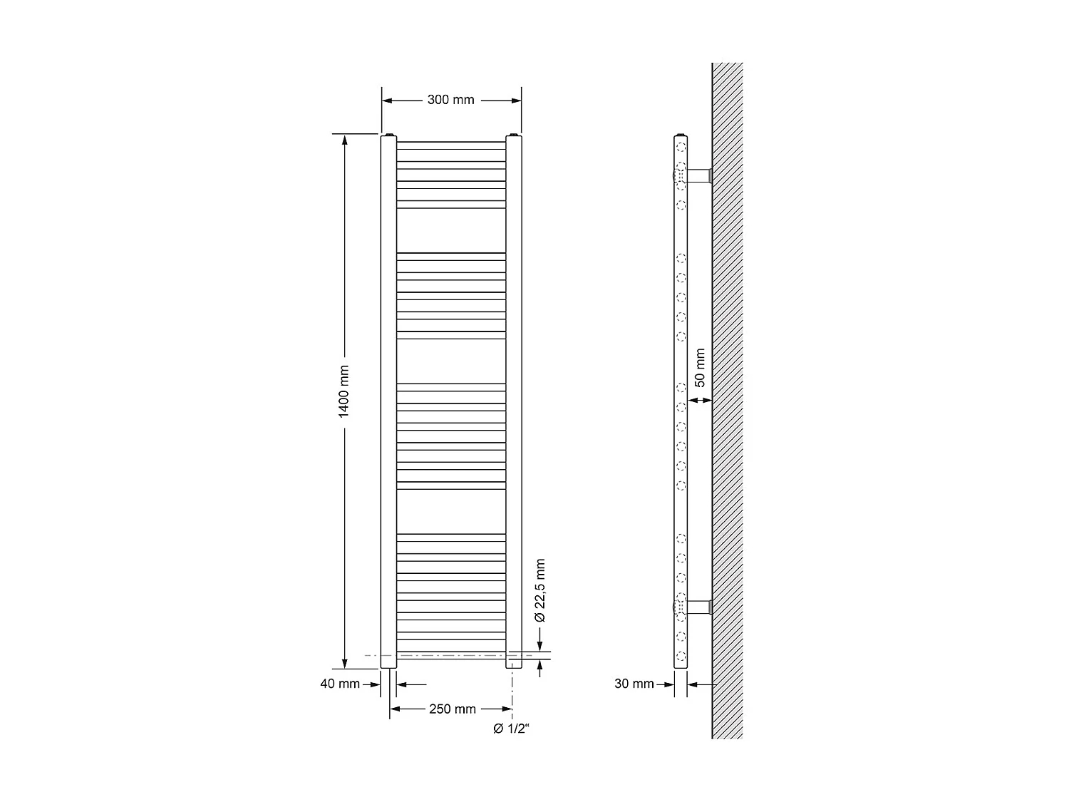 Radiateur de salle de bain Sahara raccord latéral sèche-serviettes blanc 30x140cm