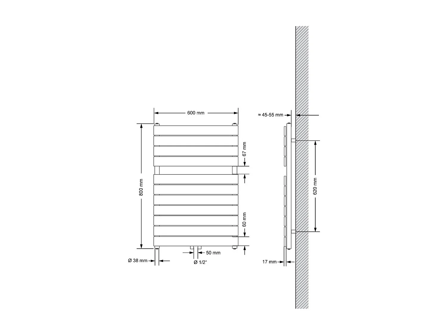 Radiatore da bagno design piatto antracite 600x800mm con connessione centrale