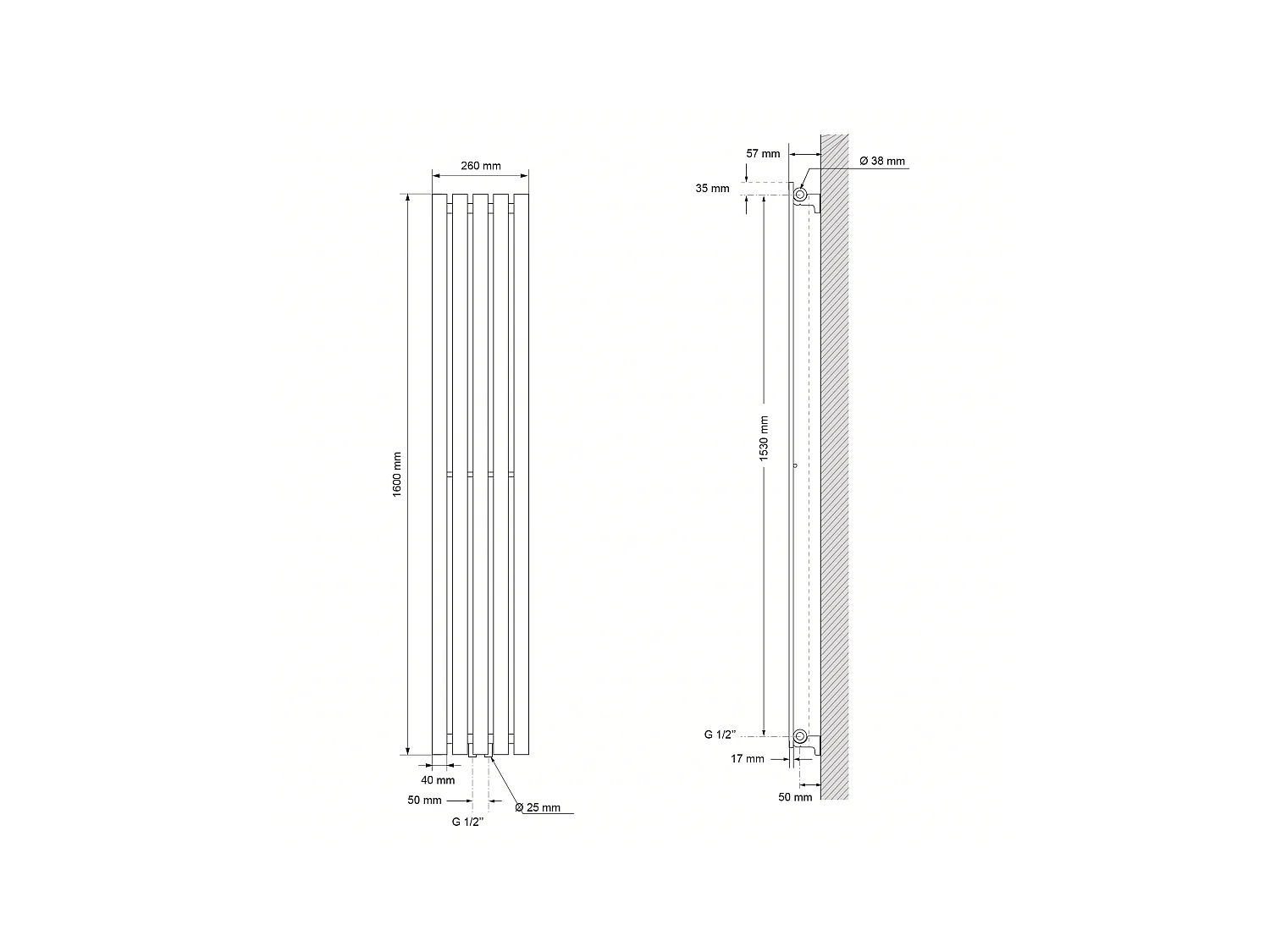 Radiateur Stella à panneaux blanc 260x1600 mm raccord central pour salle de bain