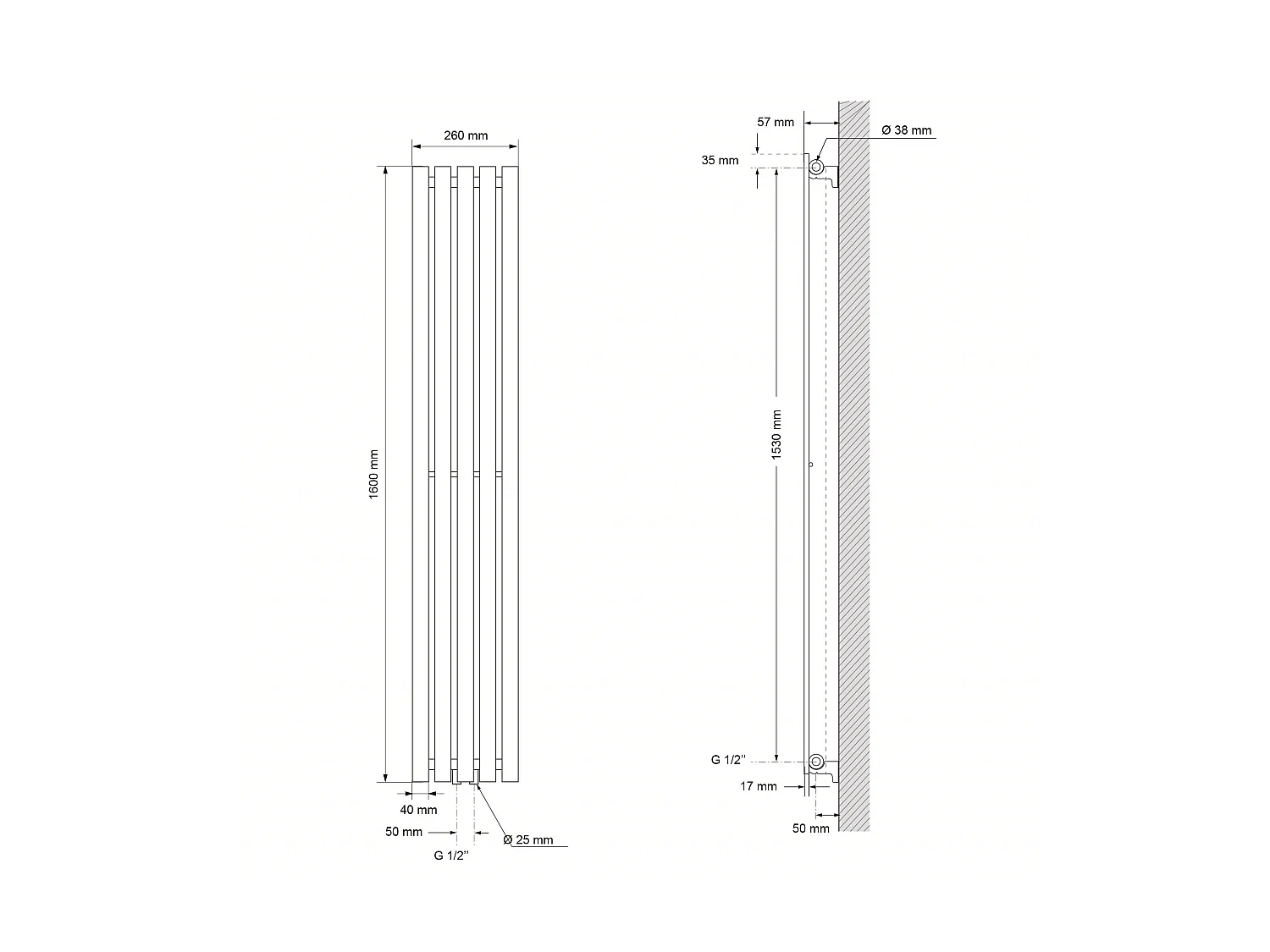 Radiatore Stella a pannello bianco 260x1600 mm termoarredo con attacco centrale