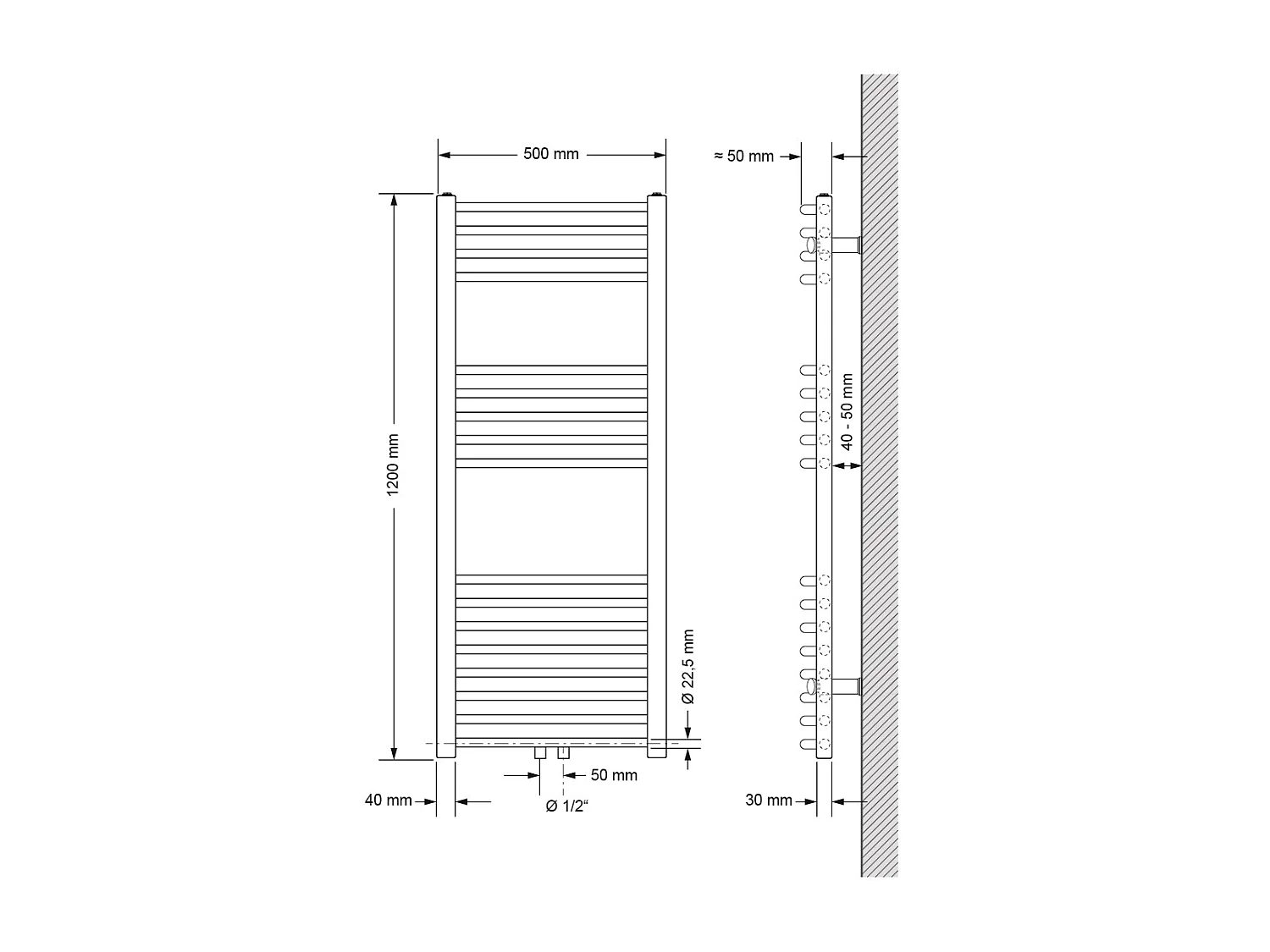 Radiateur sèche-serviette forme courbé acier blanc connexion central 50x120 cm
