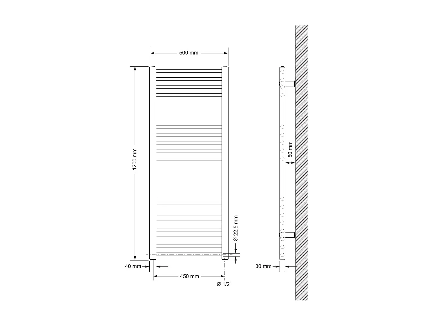 Radiador toallero de baño 50x120 cm calefactor recto blanco con conexión lateral
