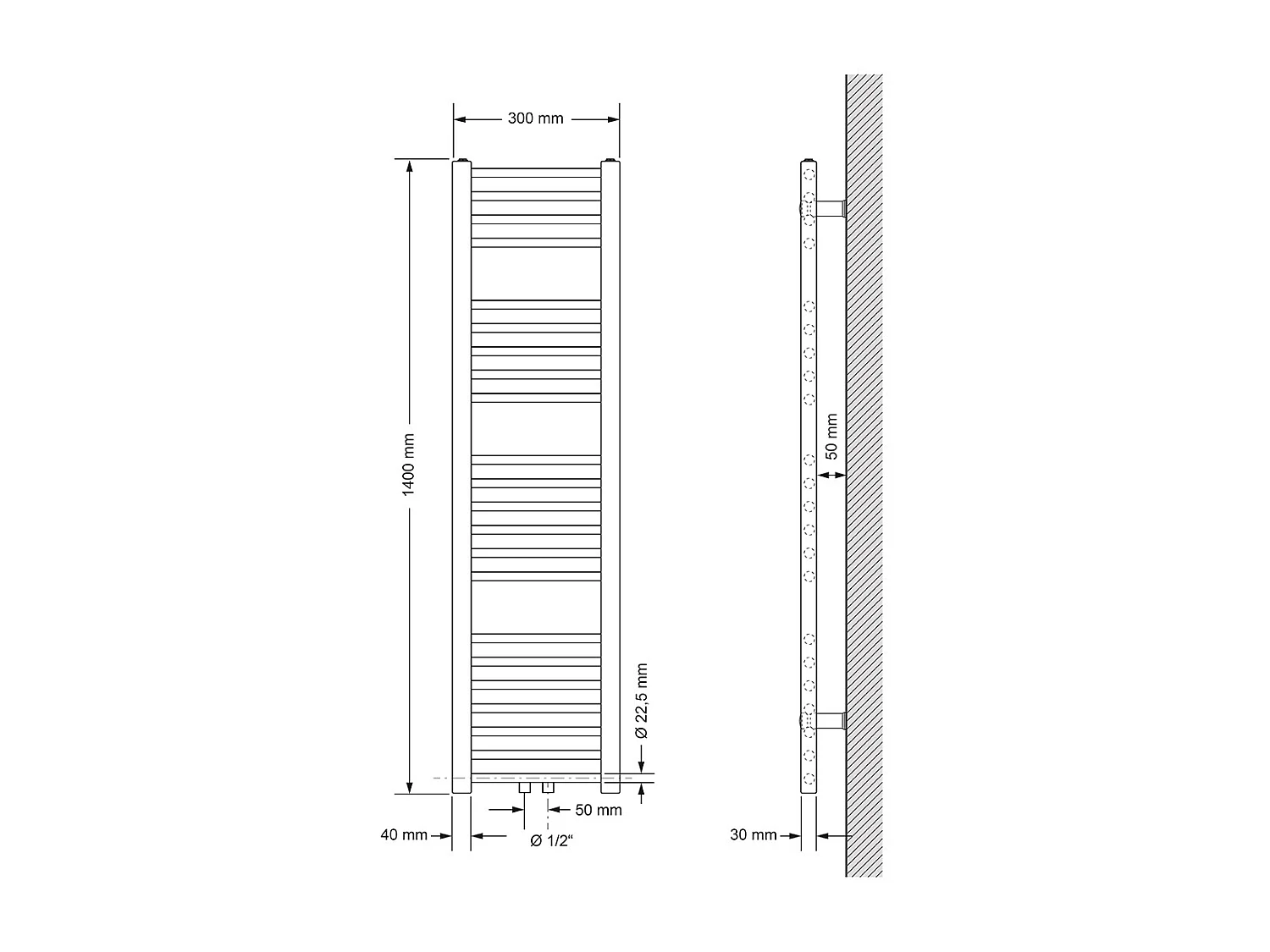 Radiatore da bagno Sahara dritto bianco attacco centrale calorifero 30 x 140 cm