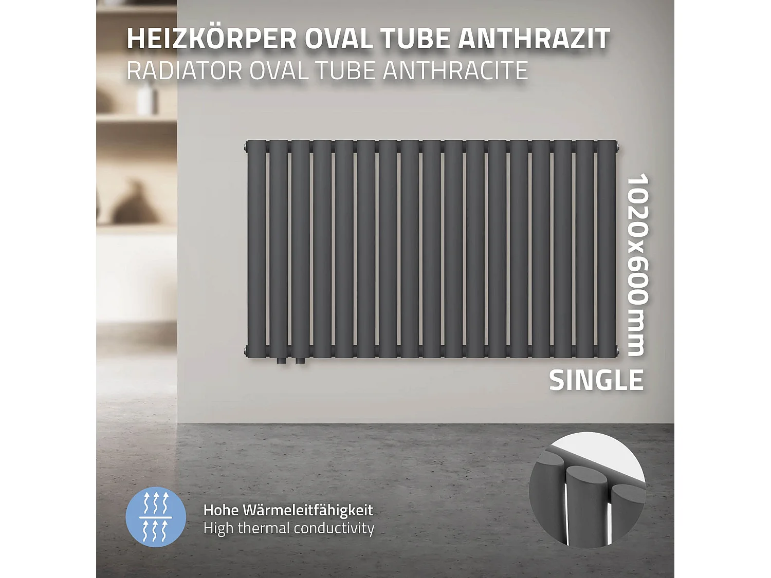 Radiatore termosifone antracite calorifero raccordo a sinistra 60x102 cm