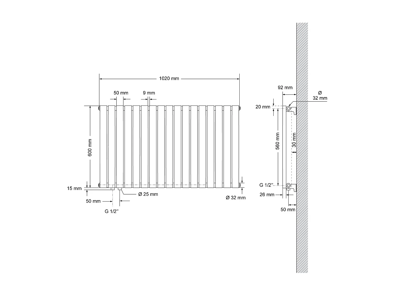 Radiatore termosifone antracite calorifero raccordo a sinistra 60x102 cm