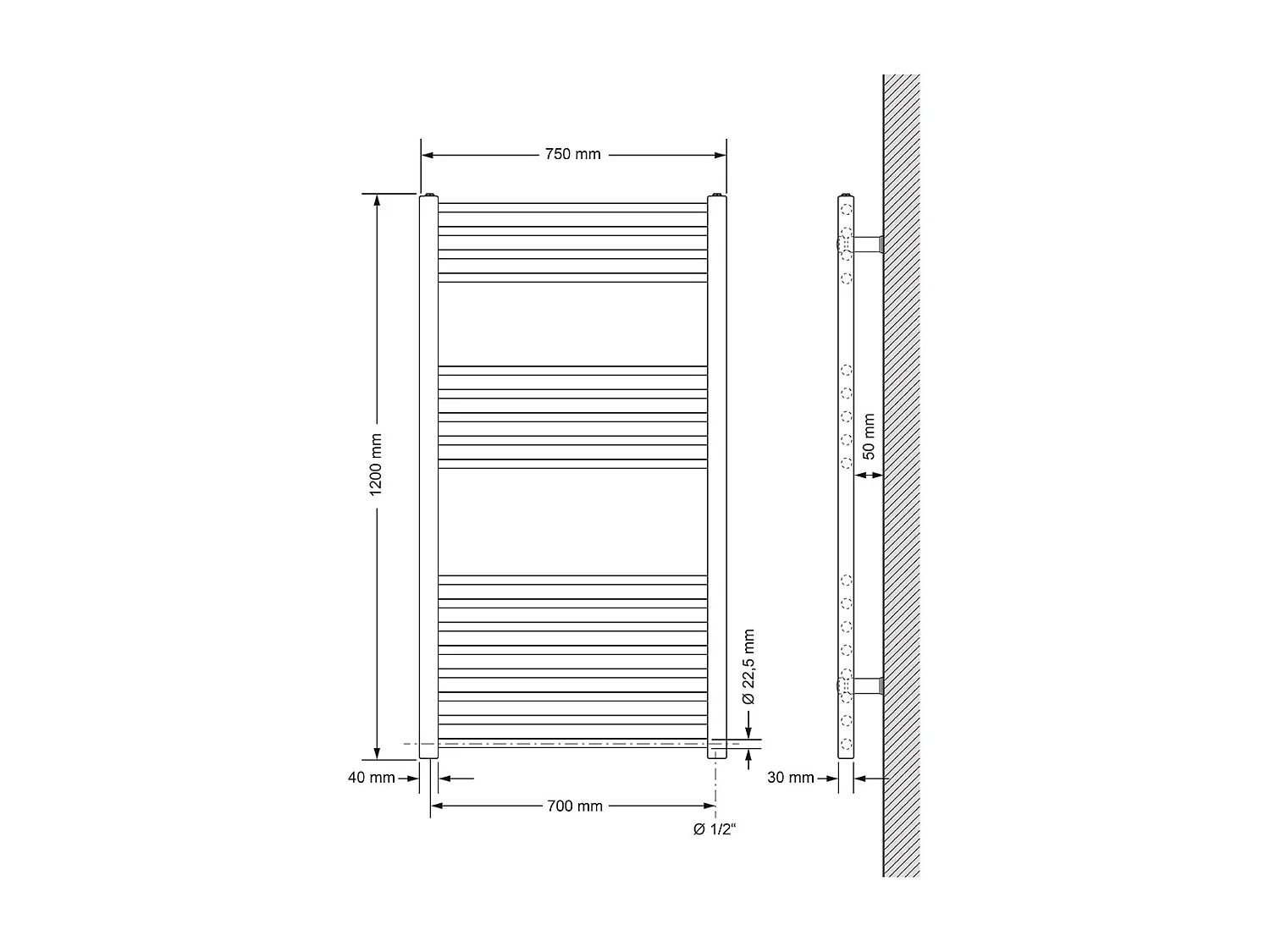 Radiateur de salle de bain Sahara Raccord latéral sèche-serviettes Blanc 75x120cm