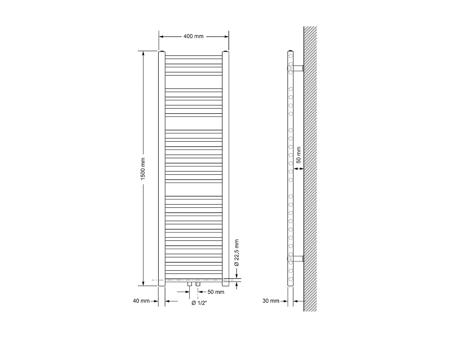 Radiateur sèche-serviette salle de bain acier blanc connexion central 40x150 cm