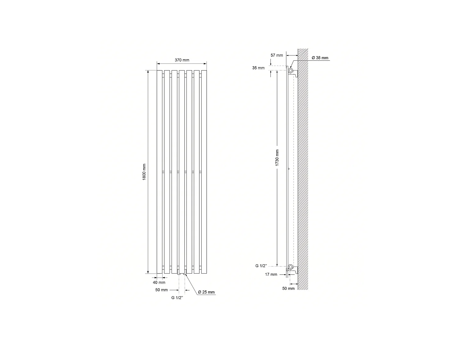 Radiatore Stella a pannello bianco 370x1800  mm termoarredo con attacco centrale