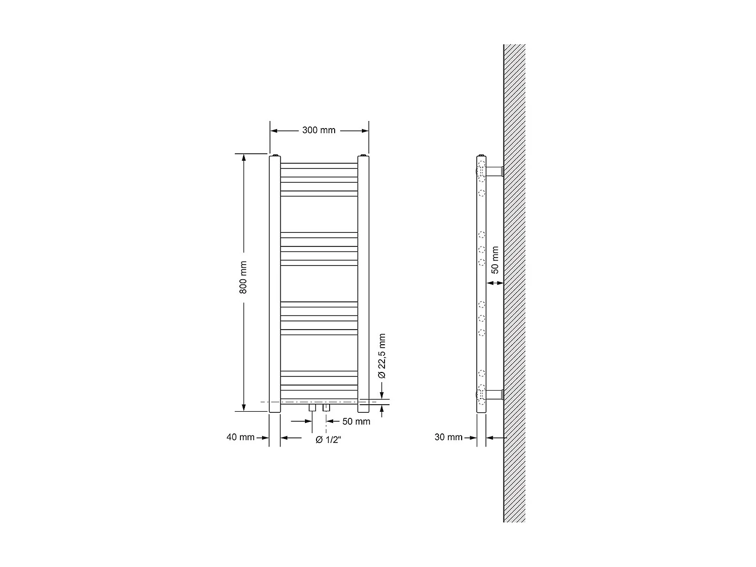 Radiateur sèche-serviette salle de bain droite blanc connexion central 30x80 cm