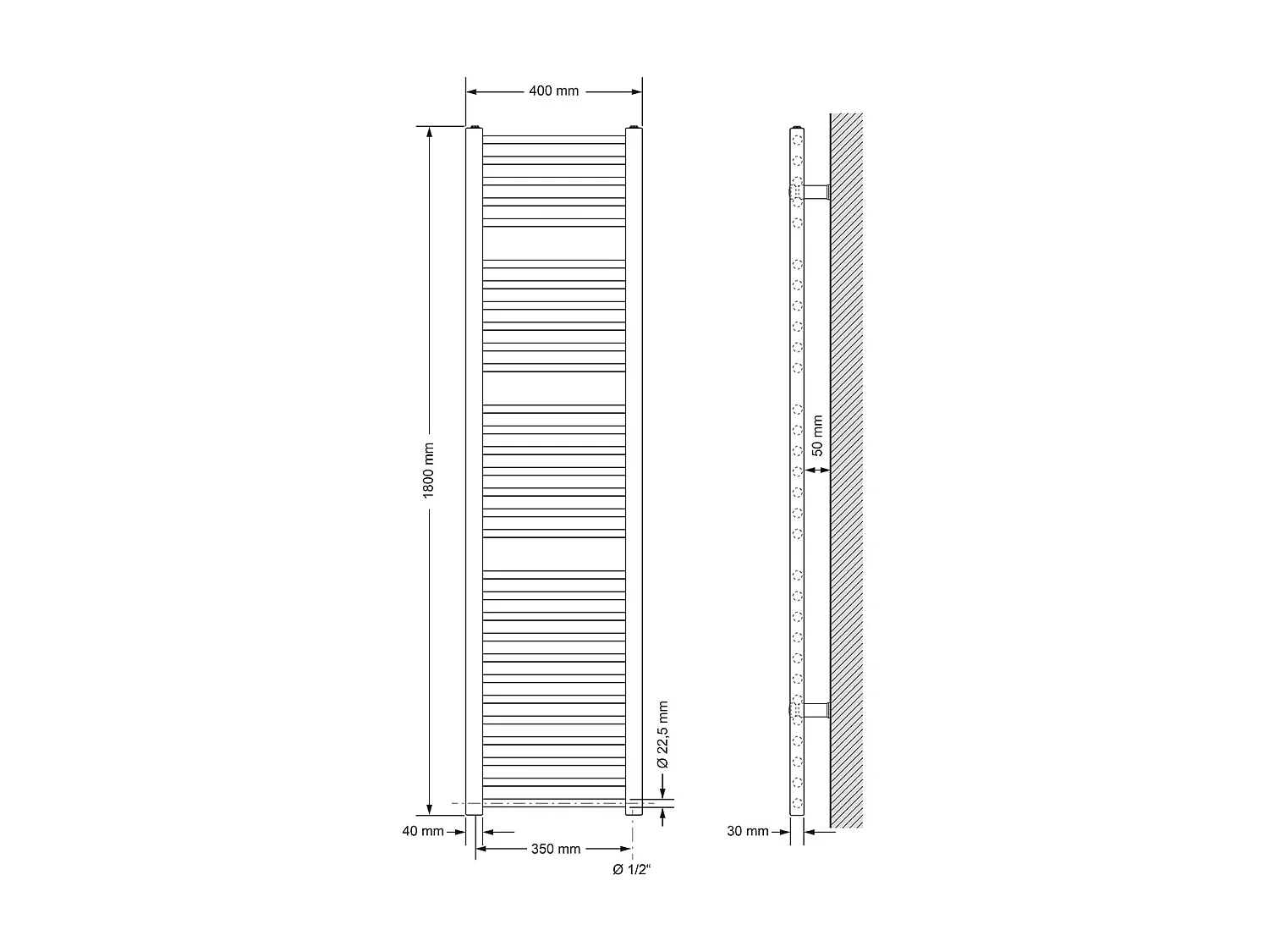 Radiateur de salle de bain Sahara Raccord latéral sèche-serviettes Blanc 40x180cm