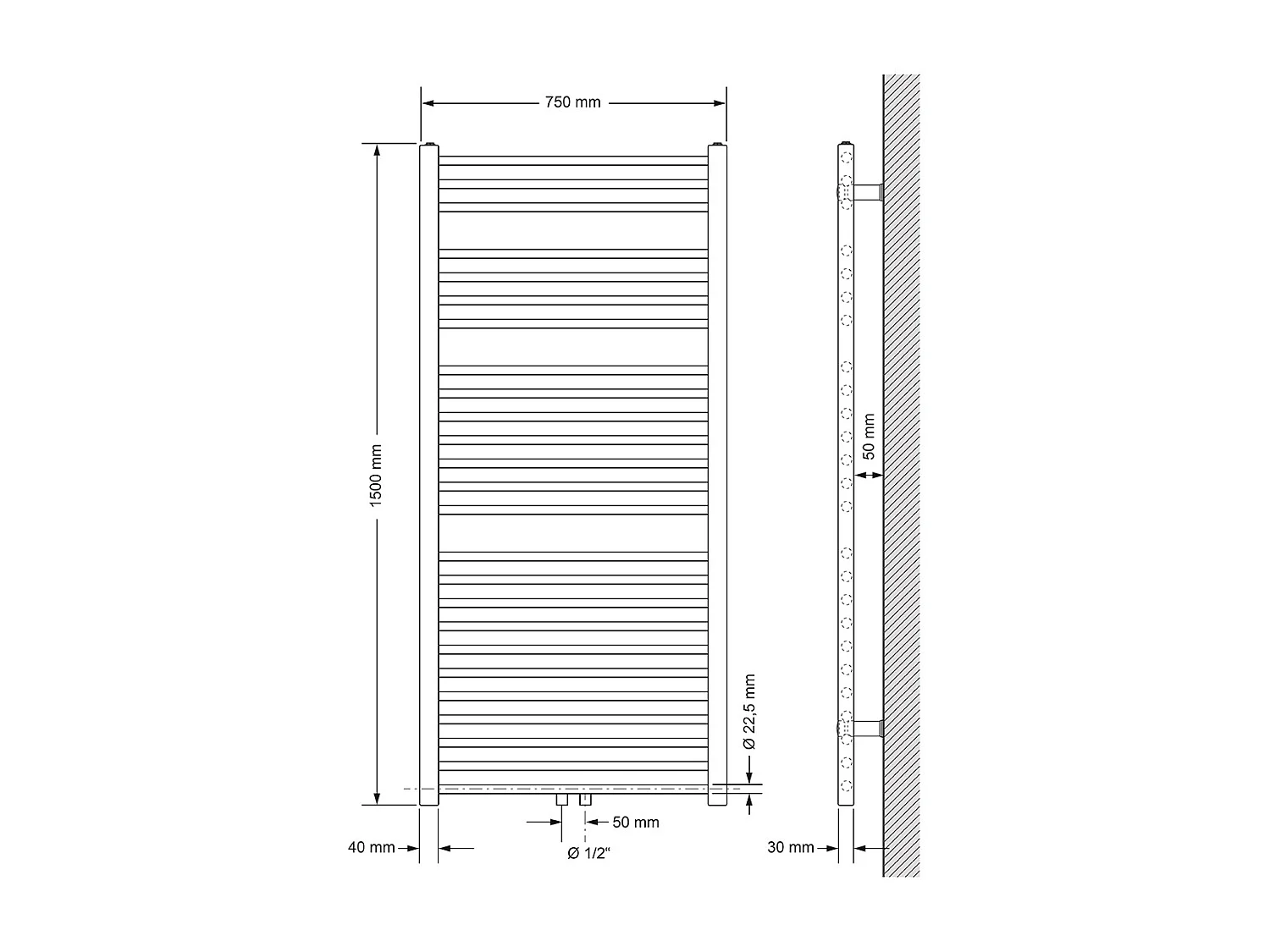 Radiador toallero Sahara conexión central blanco 75x150cm