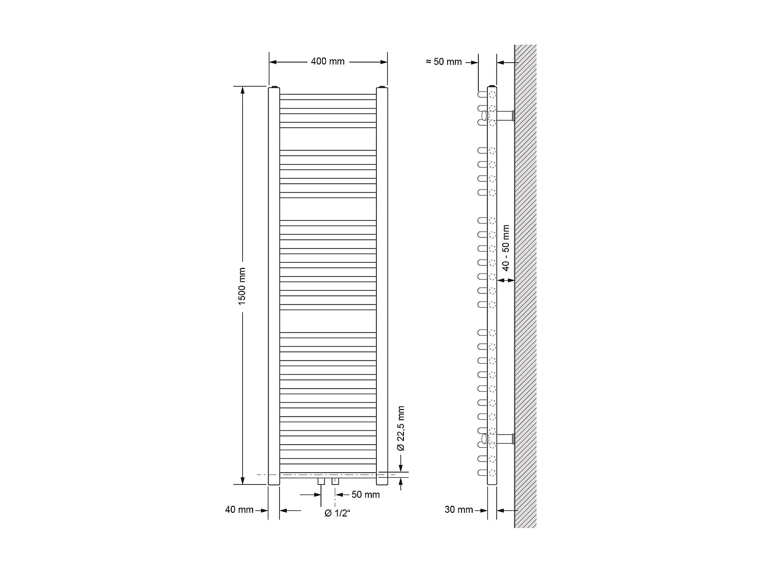 Radiateur sèche-serviette forme courbé acier blanc connexion central 40x150 cm