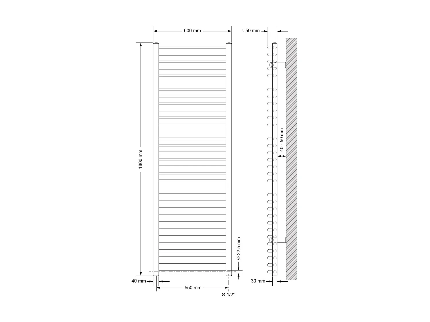 Radiador de baño curvo Sahara con conexión lateral radiador blanco 600x1800 mm