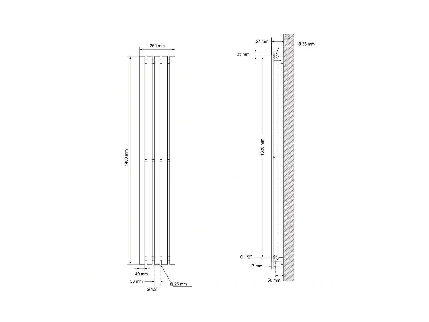 Stella Radiateur design Panneau radiateur Radiateur blanc 260x1400 mm