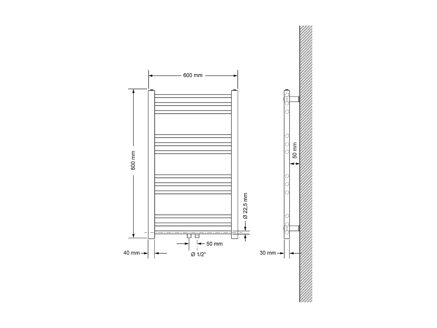 Radiateur sèche-serviette salle de bain droite blanc connexion central 60x80 cm