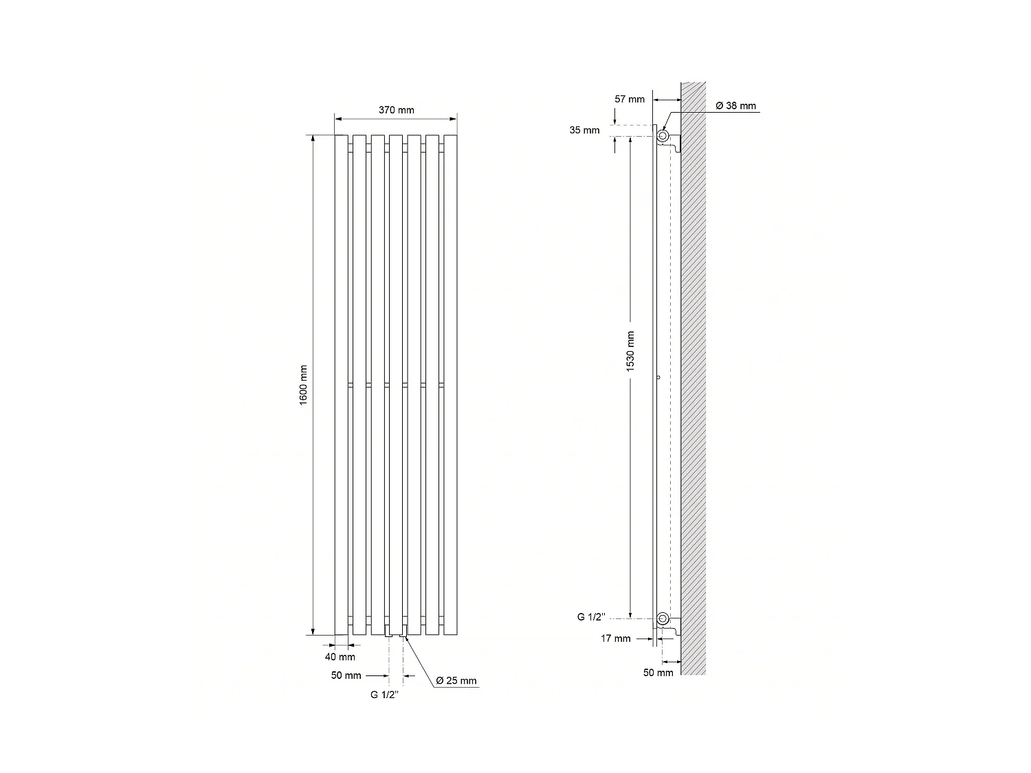Radiateur Stella à panneaux blanc 370x1600 mm raccord central pour salle de bain