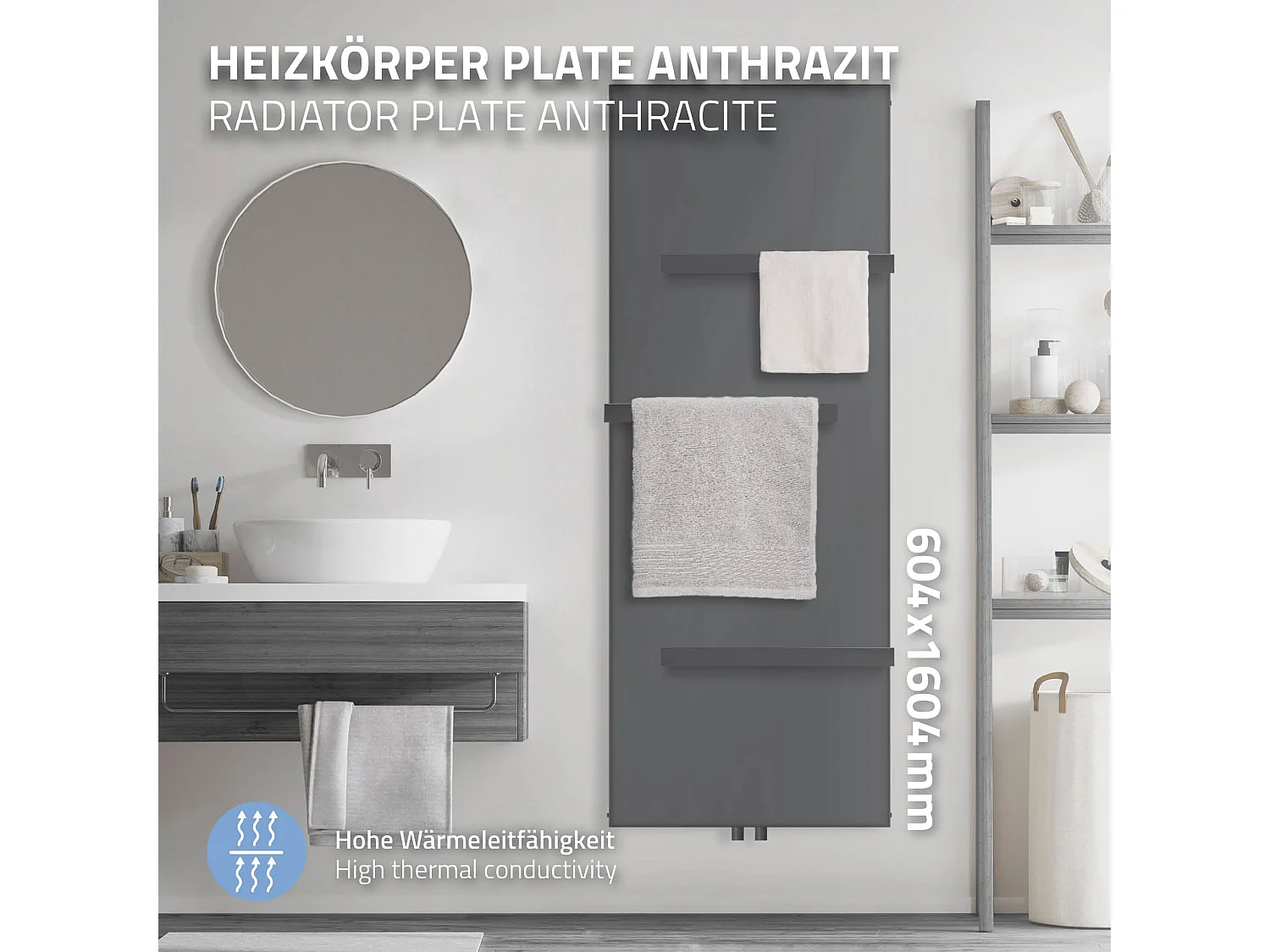 Radiateur plan avec 3 porte-serviettes Radiateur design 604x1600mm Anthracite