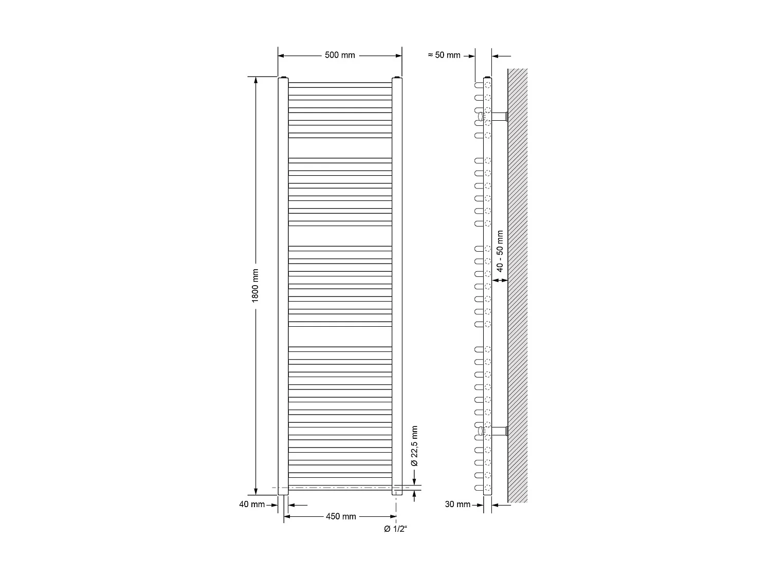 Radiador de baño Sahara calentador de toallas radiador lateral blanco 50x180cm