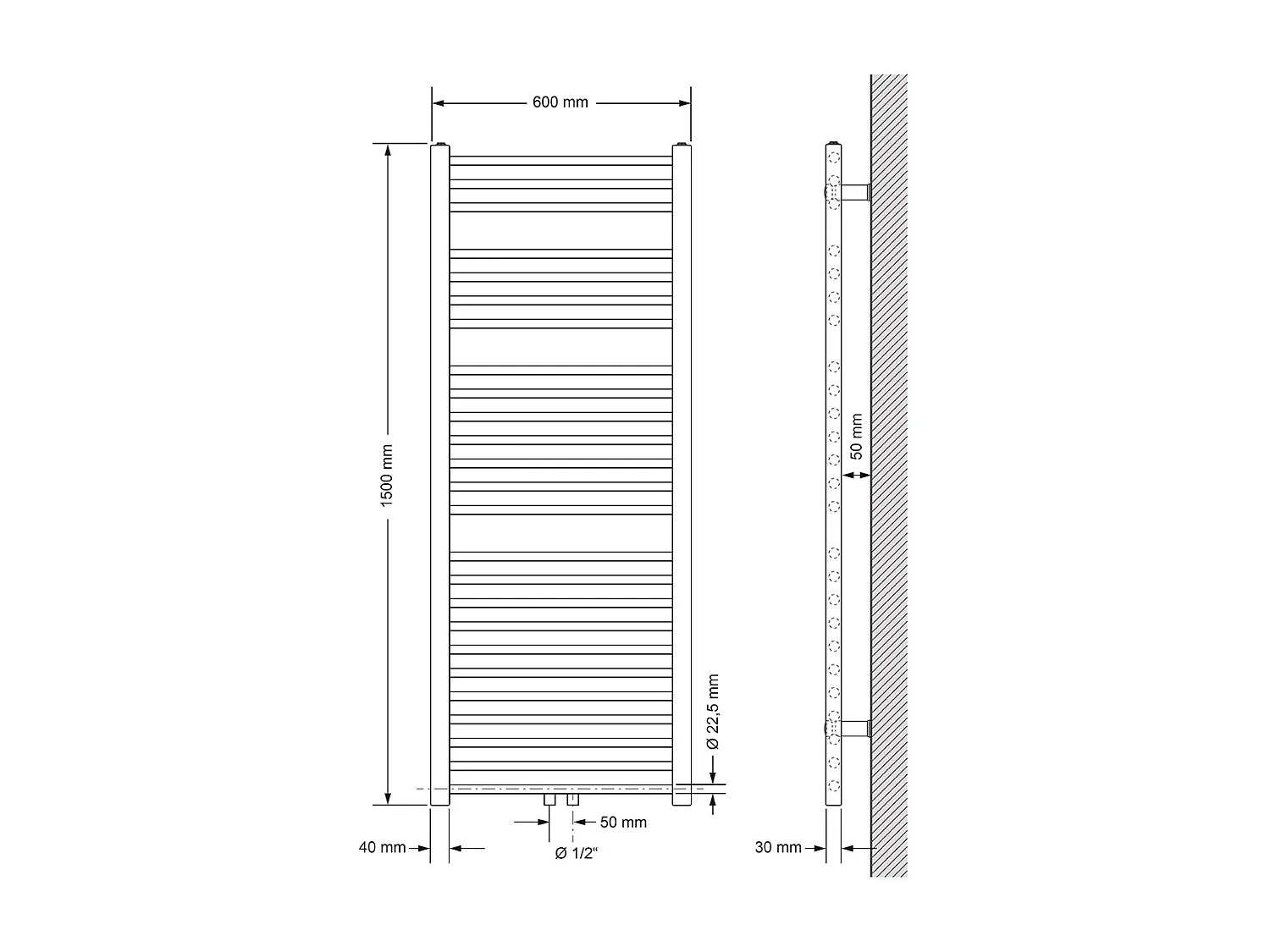 Radiateur sèche-serviette salle de bain droite blanc connexion central 60x150 cm