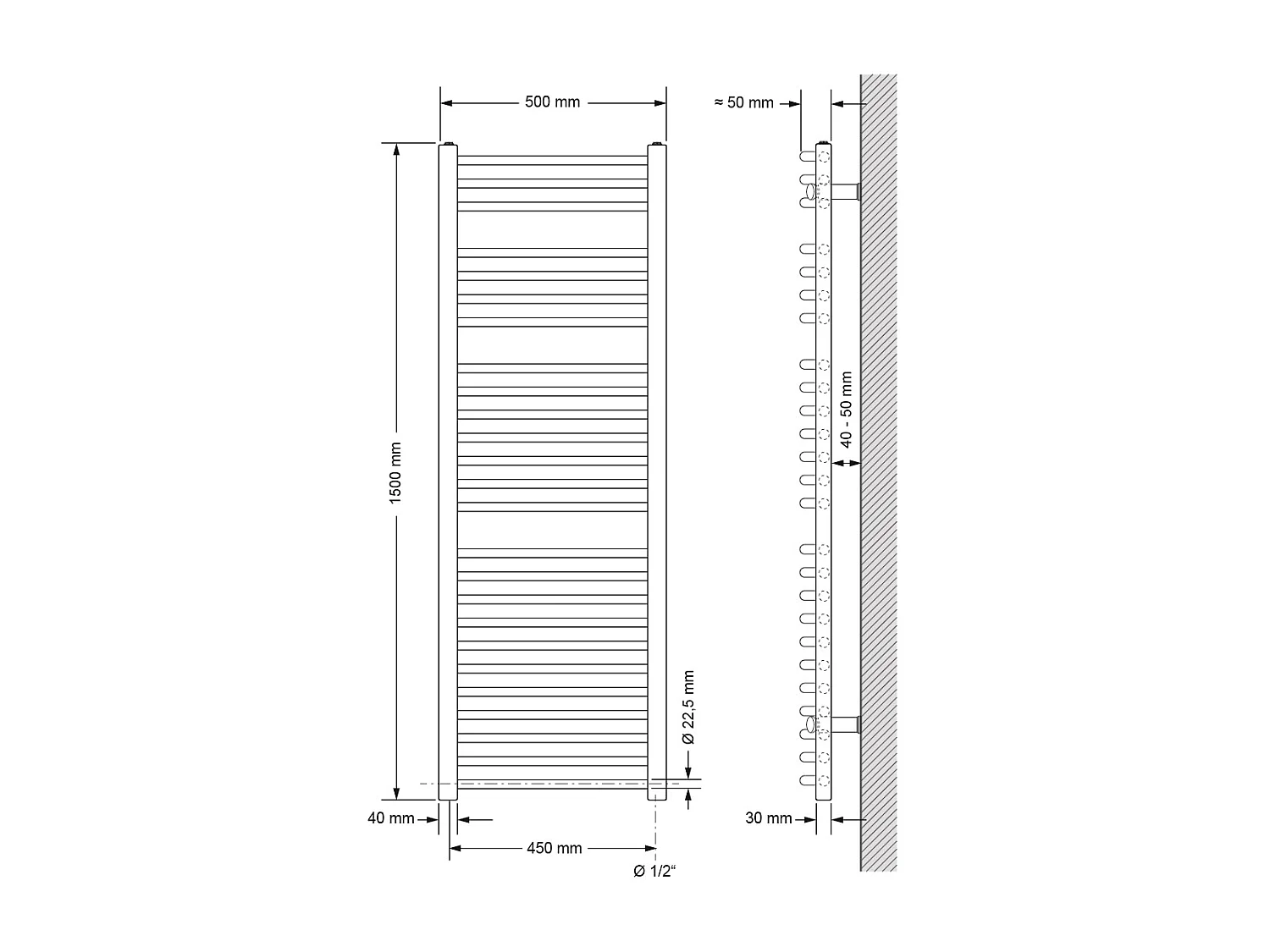 Radiador toallero de baño 500x1500 mm calefactor curvo cromado conexión lateral