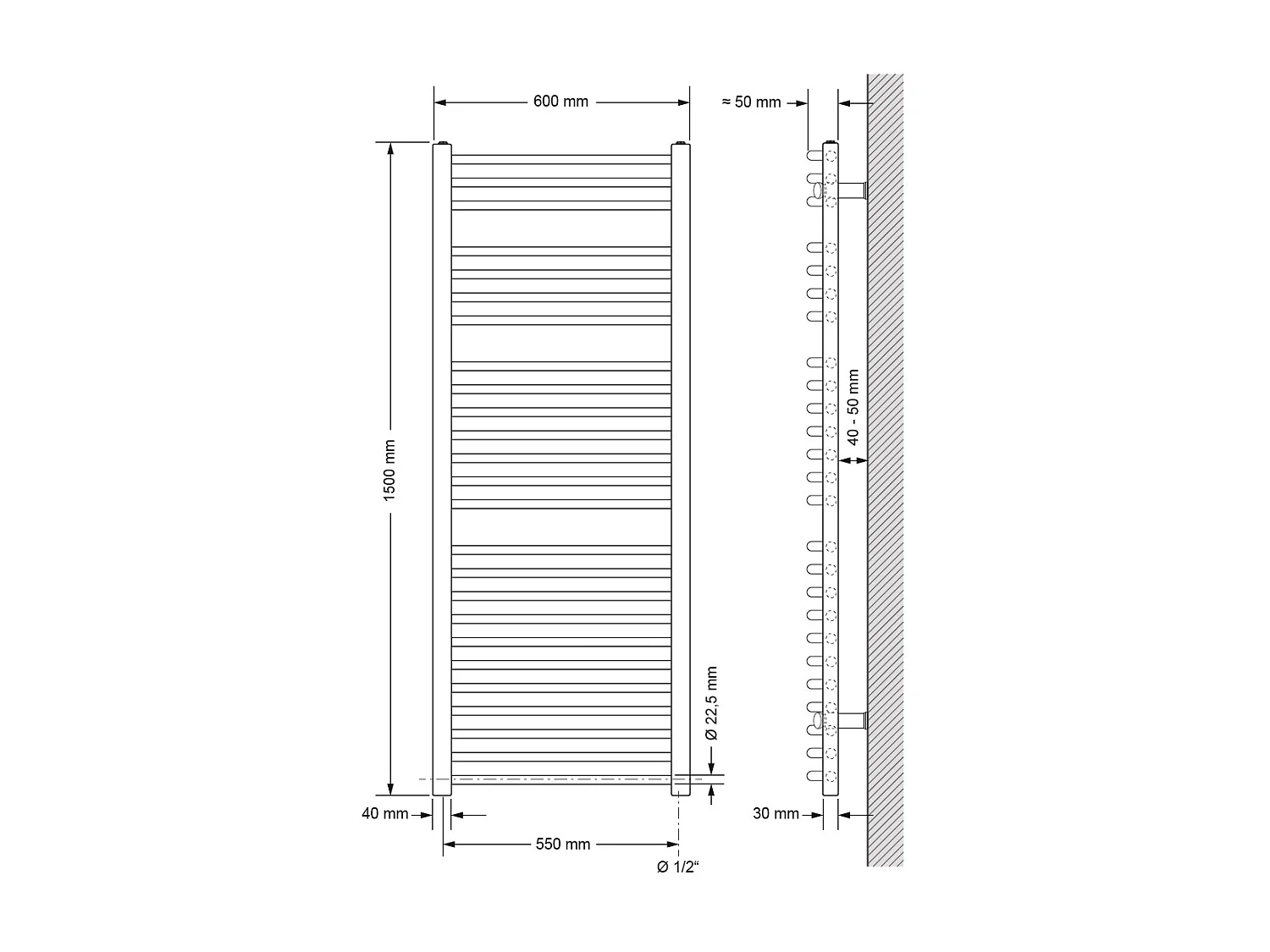 Radiatore da bagno termosifone antracite calorifero attacco laterale 60x150 cm