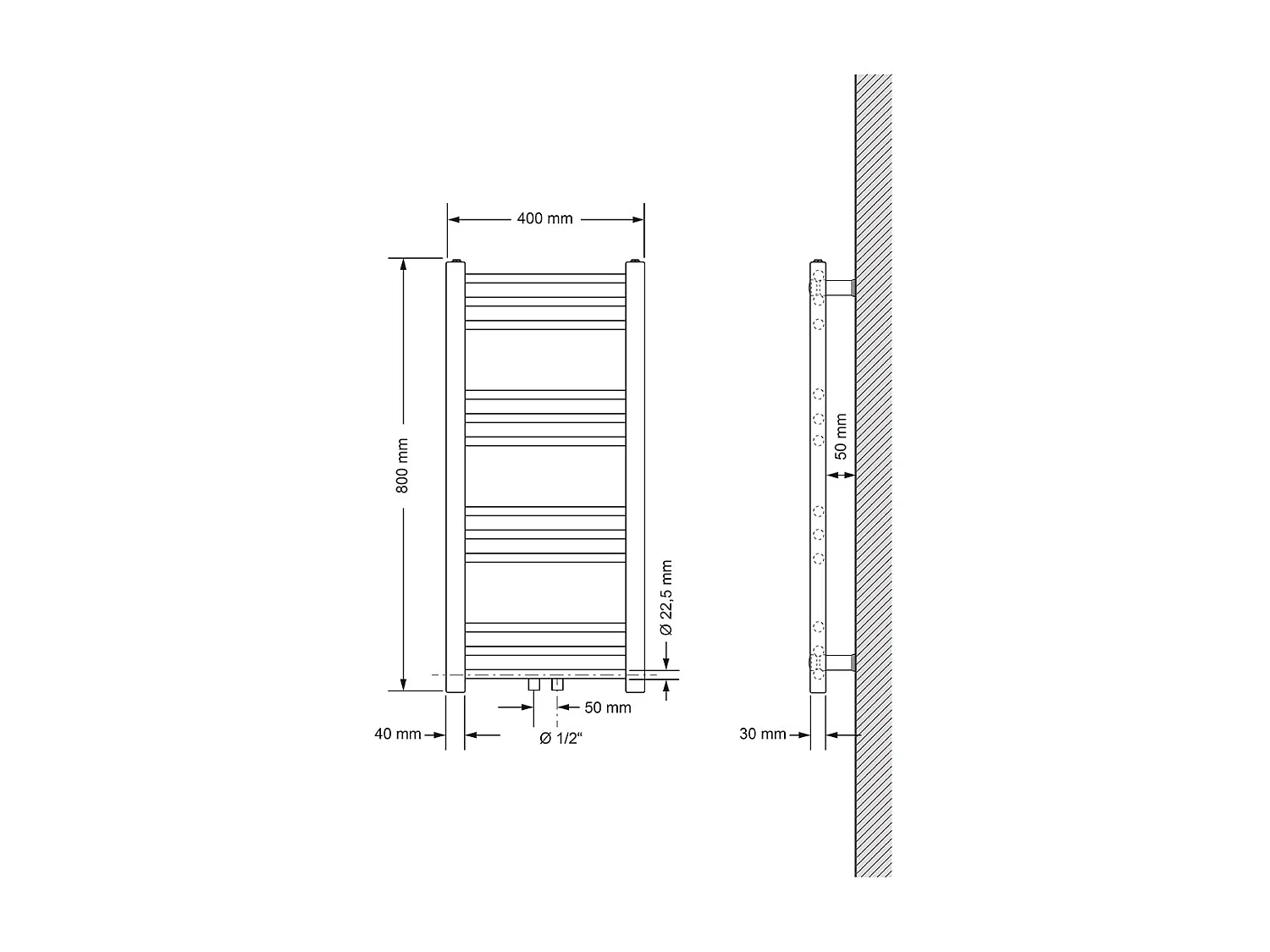 Radiateur sèche-serviette salle de bain acier chrome connexion central 40x80 cm