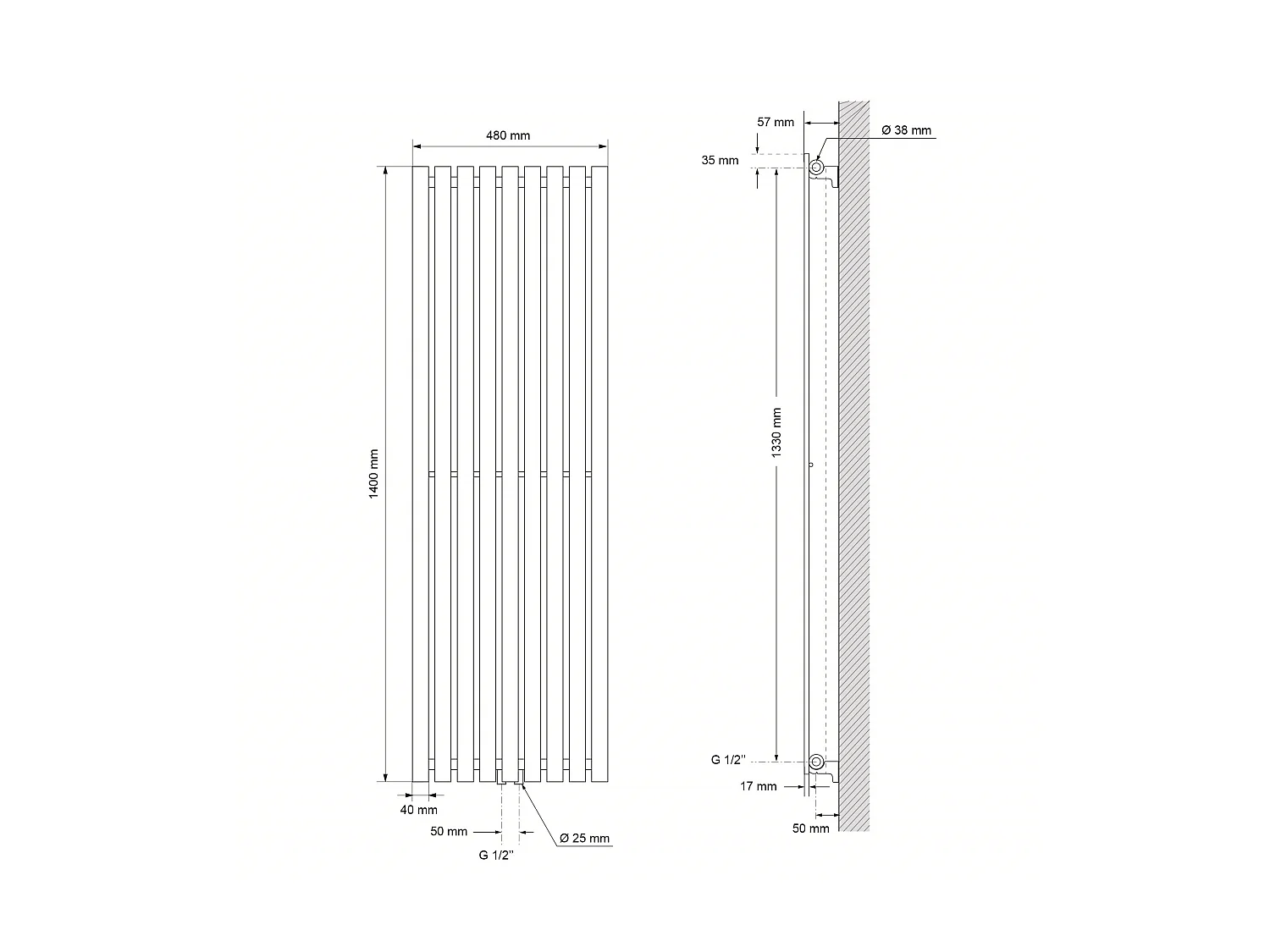 Stella Radiateur design Panneau Radiateur 480x1400mm Blanc